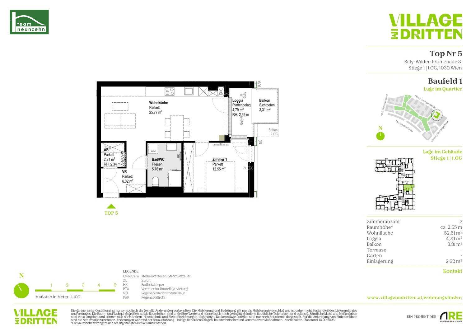 Grundriss der Wohnung Top Nr. 5 mit Wohnküche, Schlafzimmer und Loggia.
