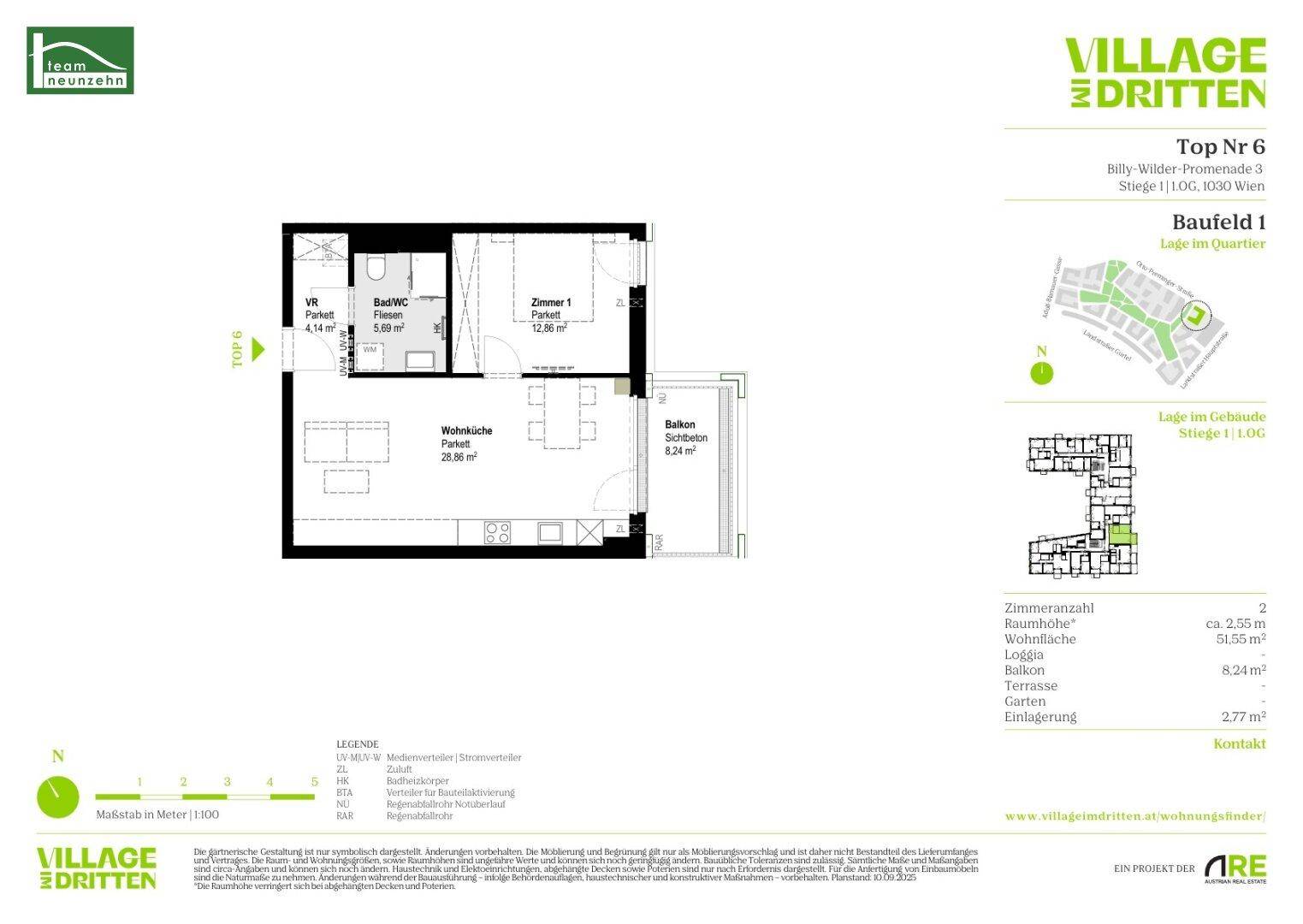 Grundriss einer Wohnung mit Wohnküche, Schlafzimmer, Bad und einem Balkon.