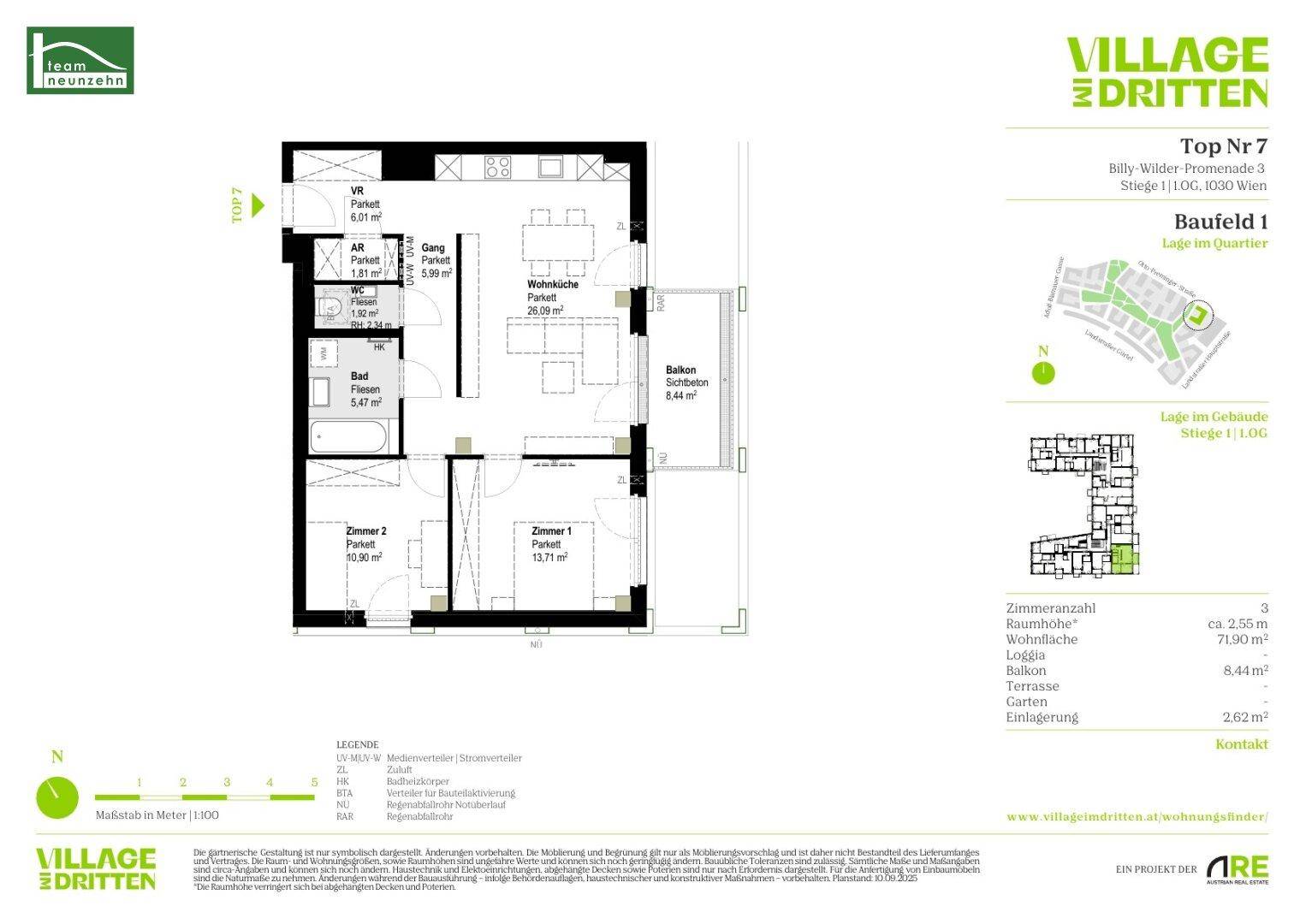 Grundriss der Wohnung Nr. 7 mit 71,90 m² Wohnfläche, Balkon und zwei Zimmern.