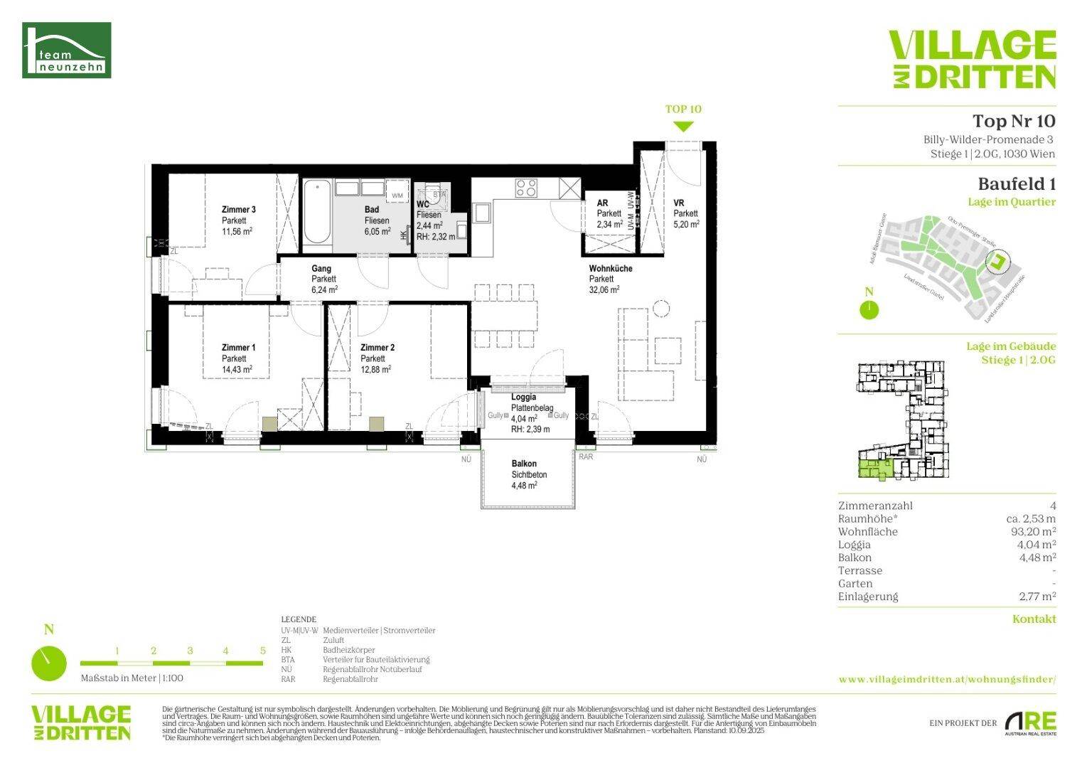 Detaillierter Grundriss einer Wohnung mit vier Zimmern, Loggia und Balkon.