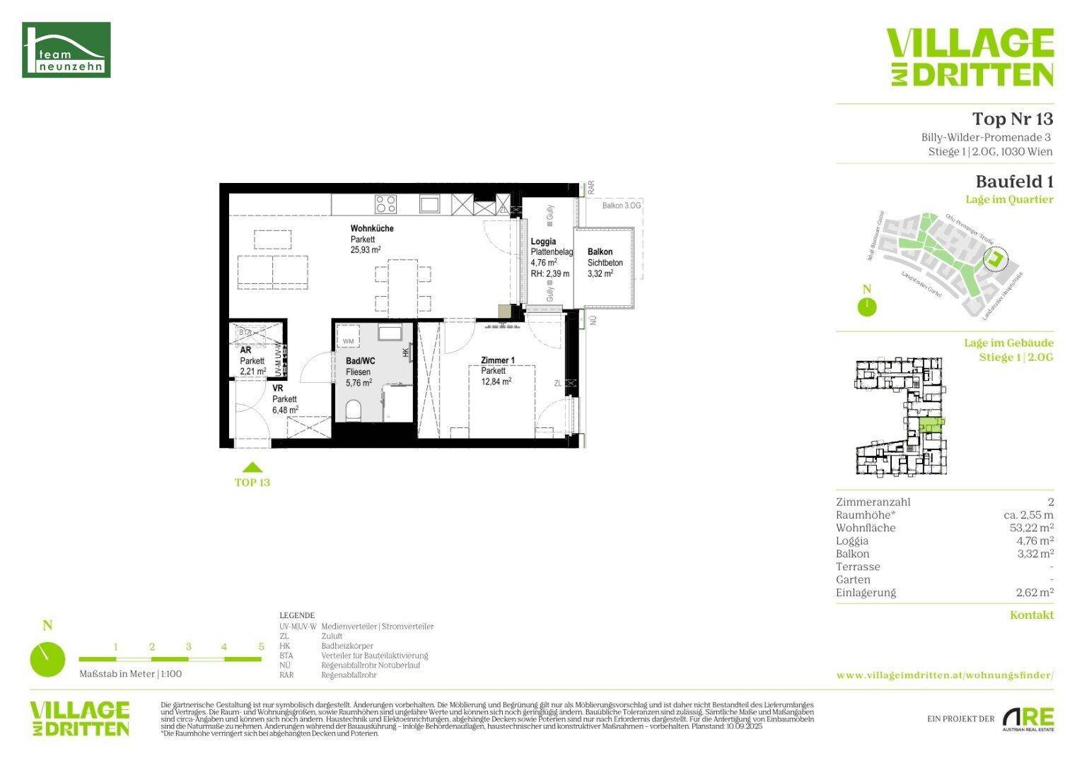 Detaillierter Grundriss einer Wohnung mit Wohnküche, Schlafzimmer und Loggia.