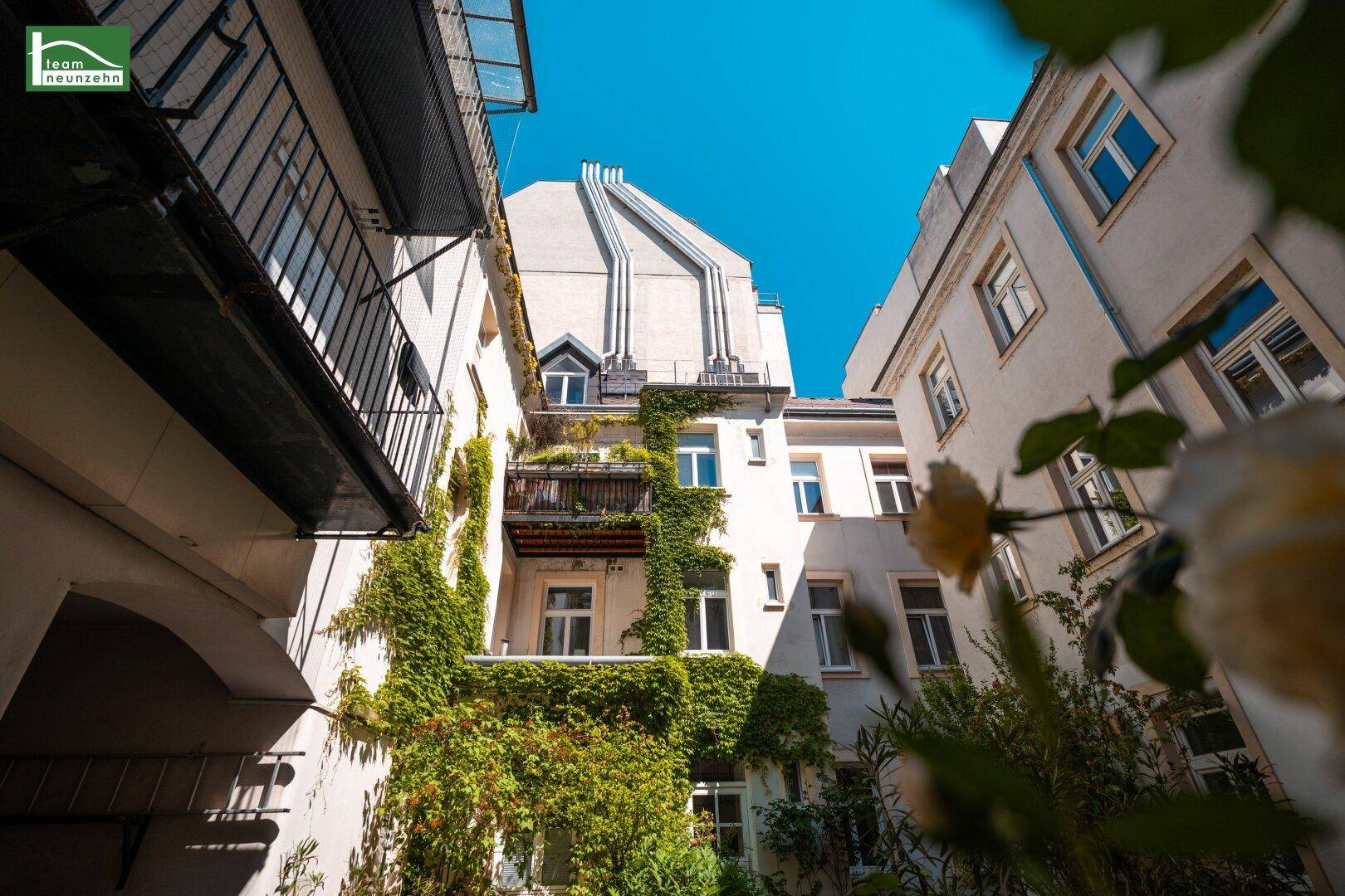 Sonniger Innenhof mit üppiger Begrünung und Blick auf die oberen Etagen des Gebäudes.
