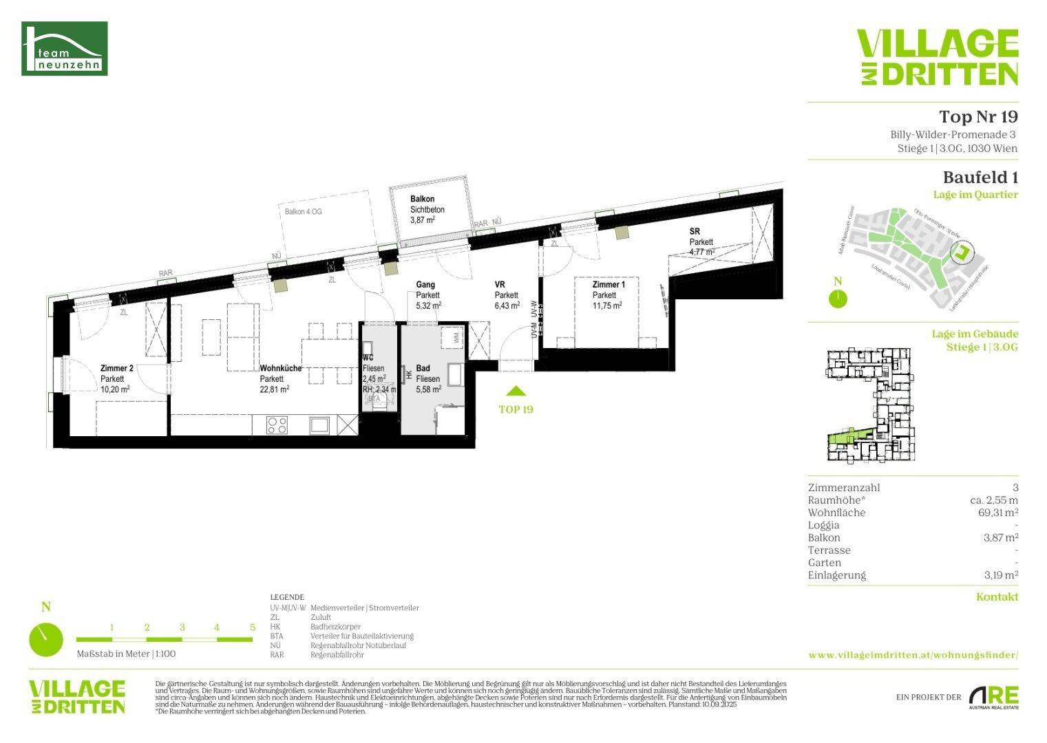 Grundriss der Wohnung Top Nr. 19 mit Balkon und klarer Raumaufteilung, ideal für modernes Wohnen.