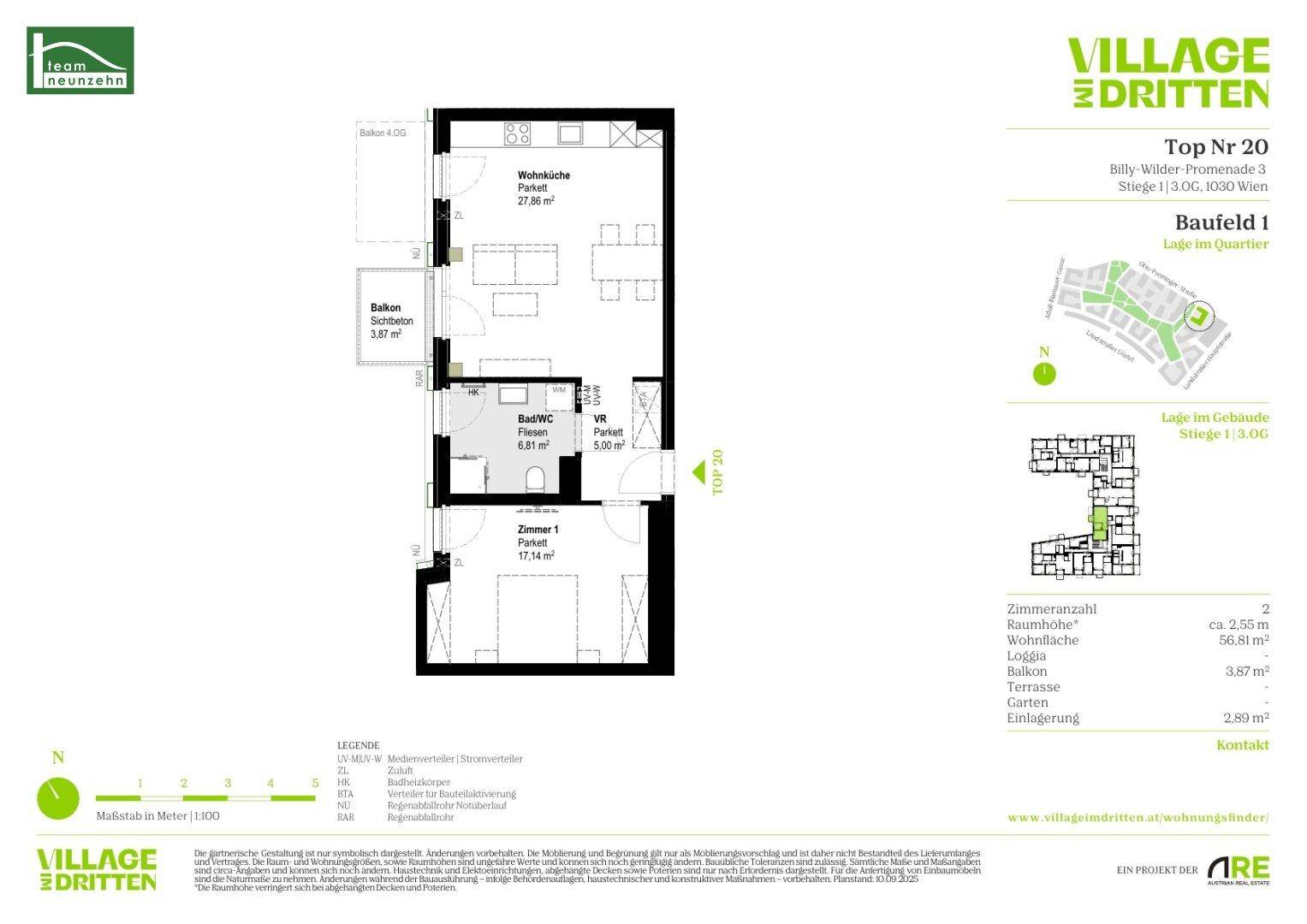 Detaillierter Grundriss der Wohnung Top Nr. 20 mit Balkon und offener Wohnküche.