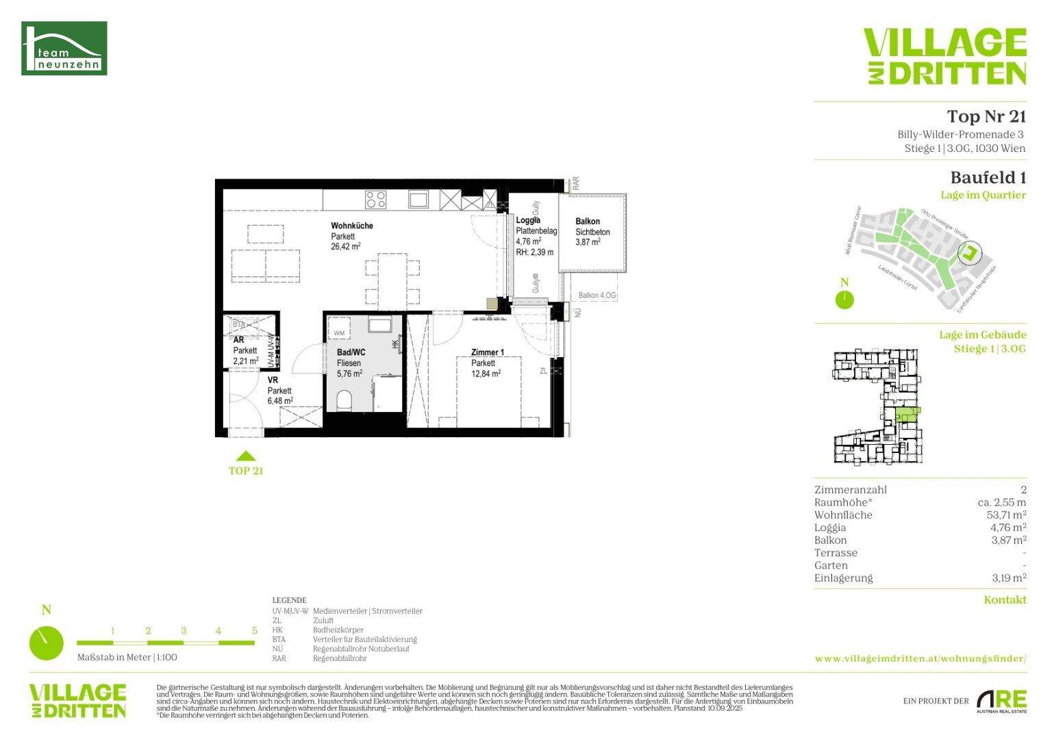Detaillierter Grundriss einer Wohnung mit offener Wohnküche, Bad, Loggia und Balkon.