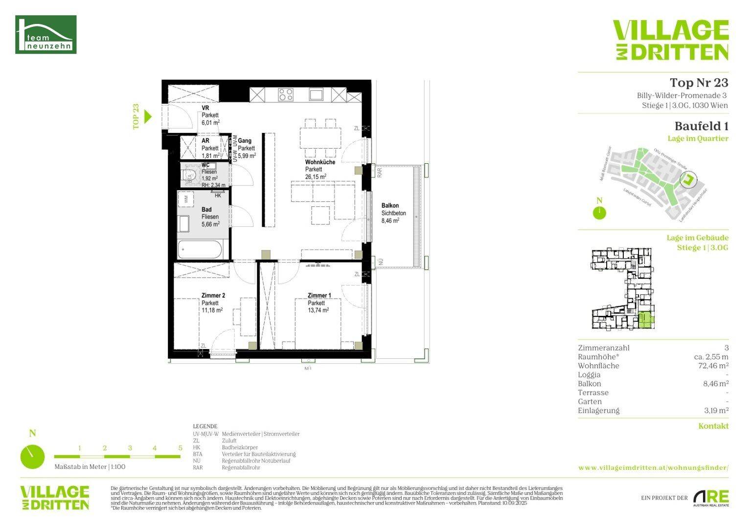 Detaillierter Grundriss der Wohnung Top Nr. 23 mit drei Zimmern und Balkon.