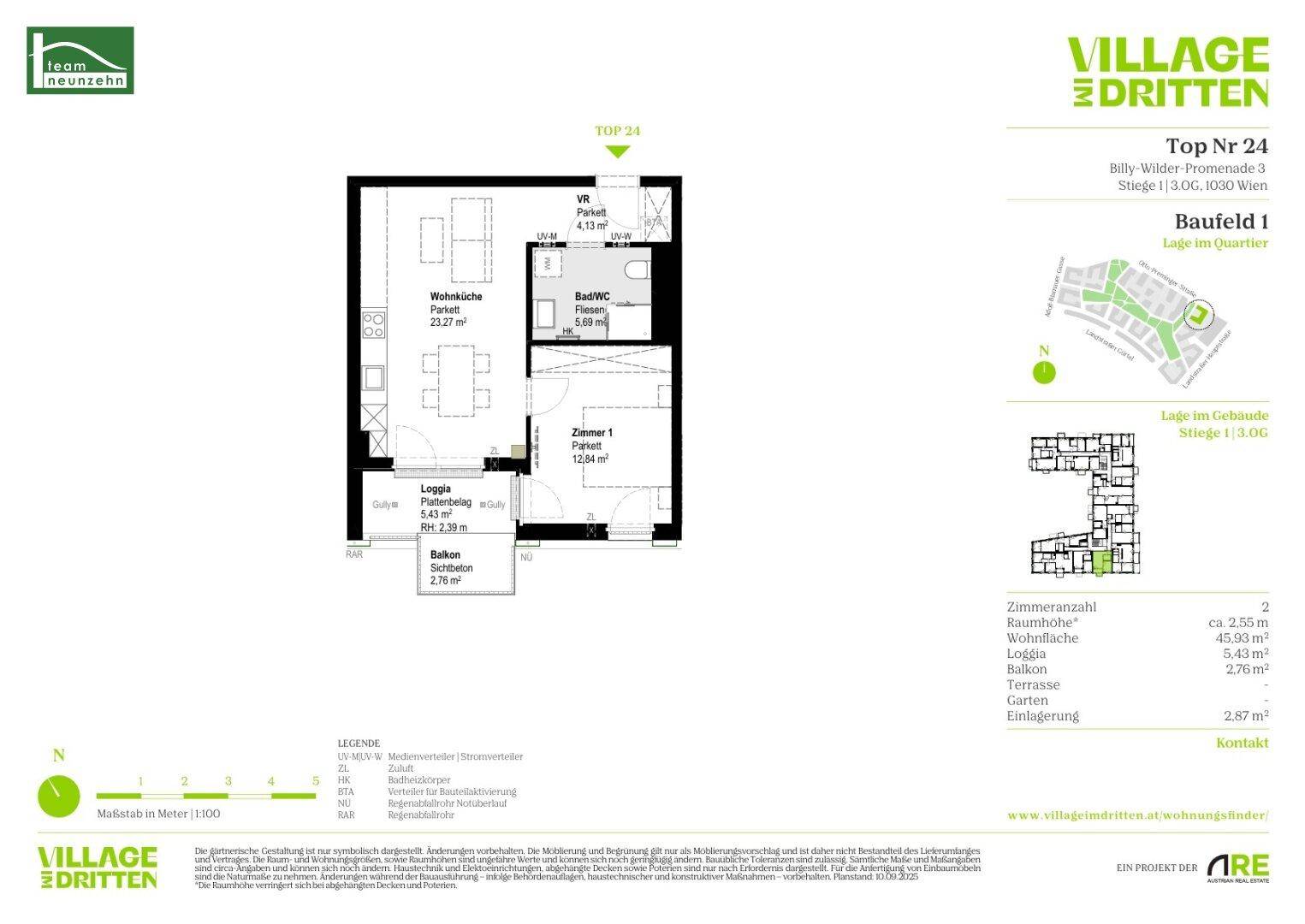 Detaillierter Grundriss der Wohnung Top 24 mit Wohnküche, Schlafzimmer und Loggia.
