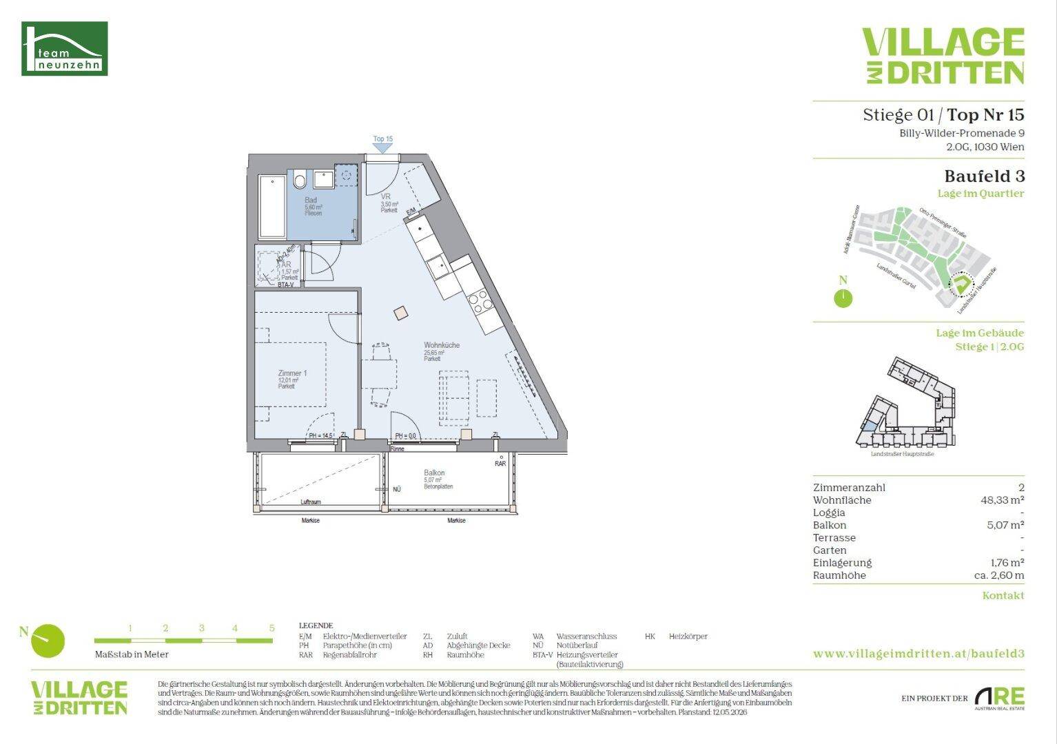 Grundriss einer Wohnung mit Wohnküche, Schlafzimmer, Bad und Terrasse.