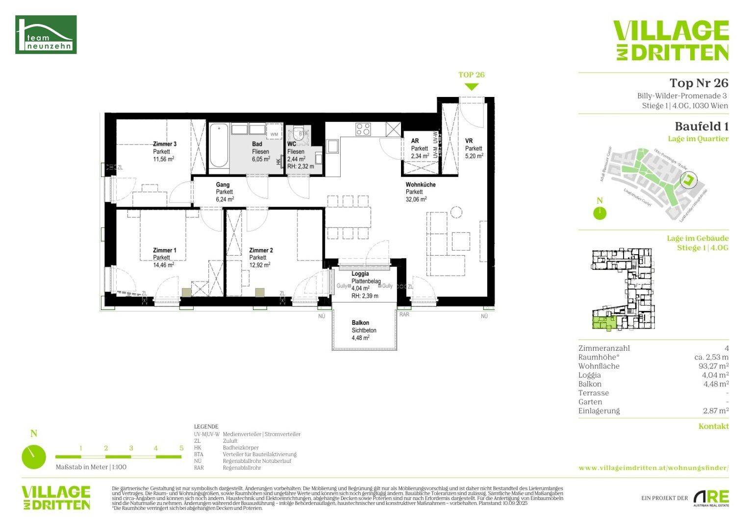 Detaillierter Grundriss einer Wohnung mit drei Zimmern, Loggia und Balkon.