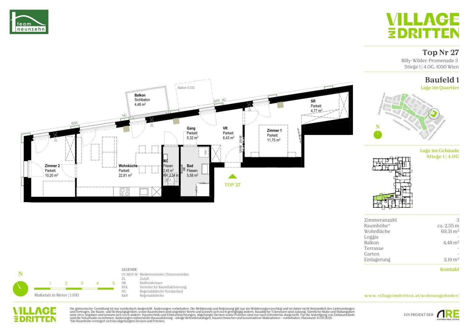 Detaillierter Grundriss der Wohnung Top 27 mit Raumaufteilung und Flächenangaben.