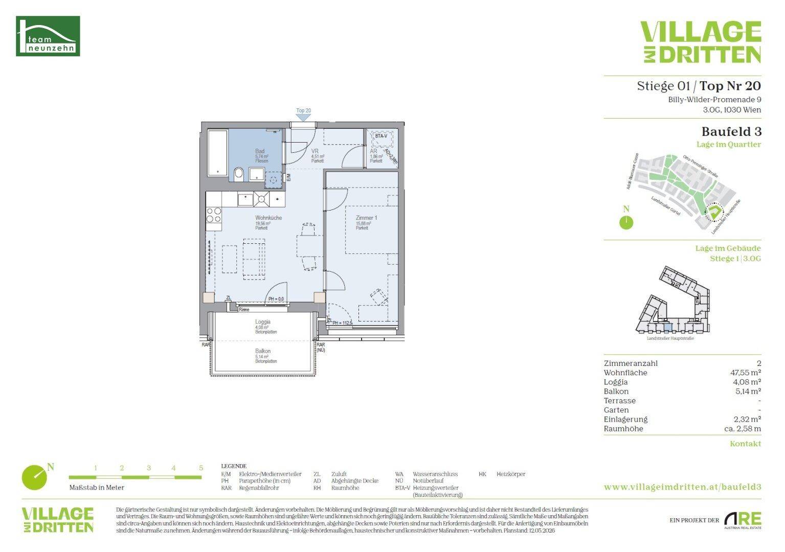 Grundriss einer Wohnung mit offener Wohnküche, Loggia, Bad und separatem Gäste-WC.
