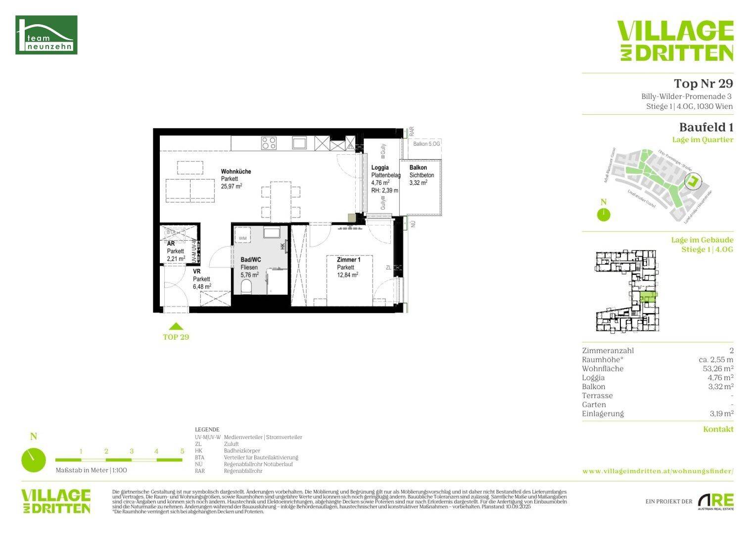 Grundriss der Wohnung Top 29 mit Wohnküche, Schlafzimmer, Bad und Loggia.