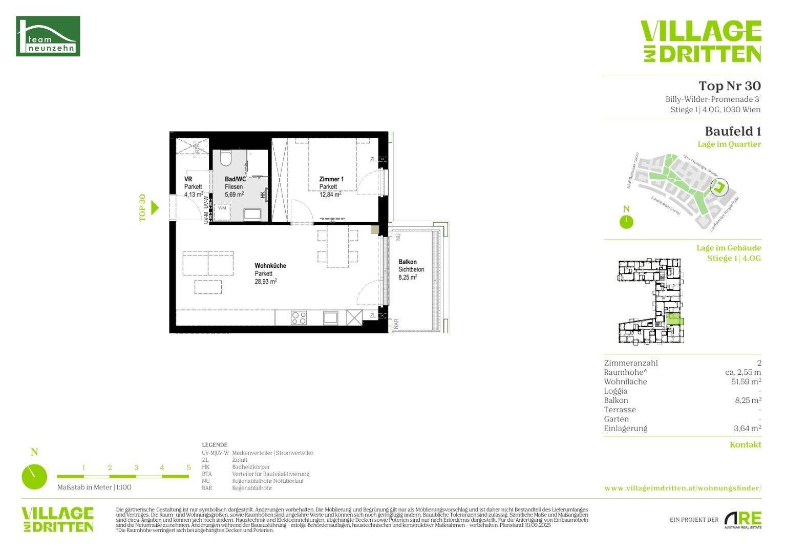 Grundriss einer Wohnung mit einem Schlafzimmer, Wohnküche und Balkon von 8,25 m².