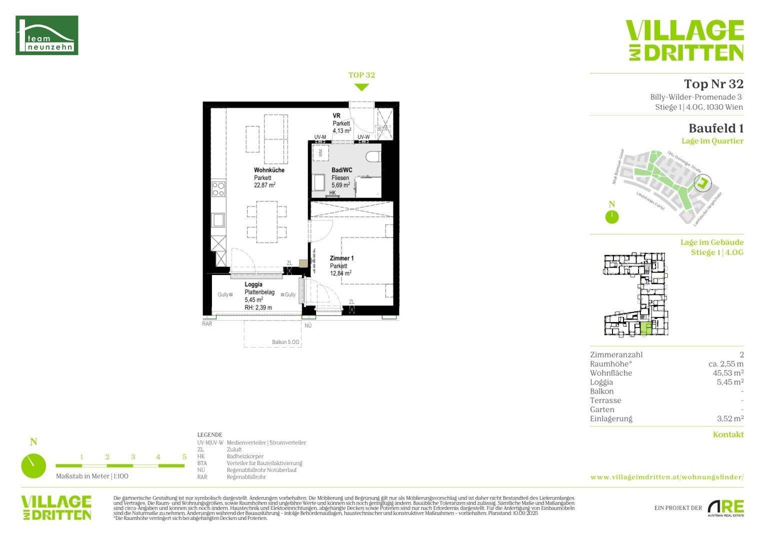 Grundriss der Wohnung Top 32 mit Wohnküche, Zimmer und Loggia.
