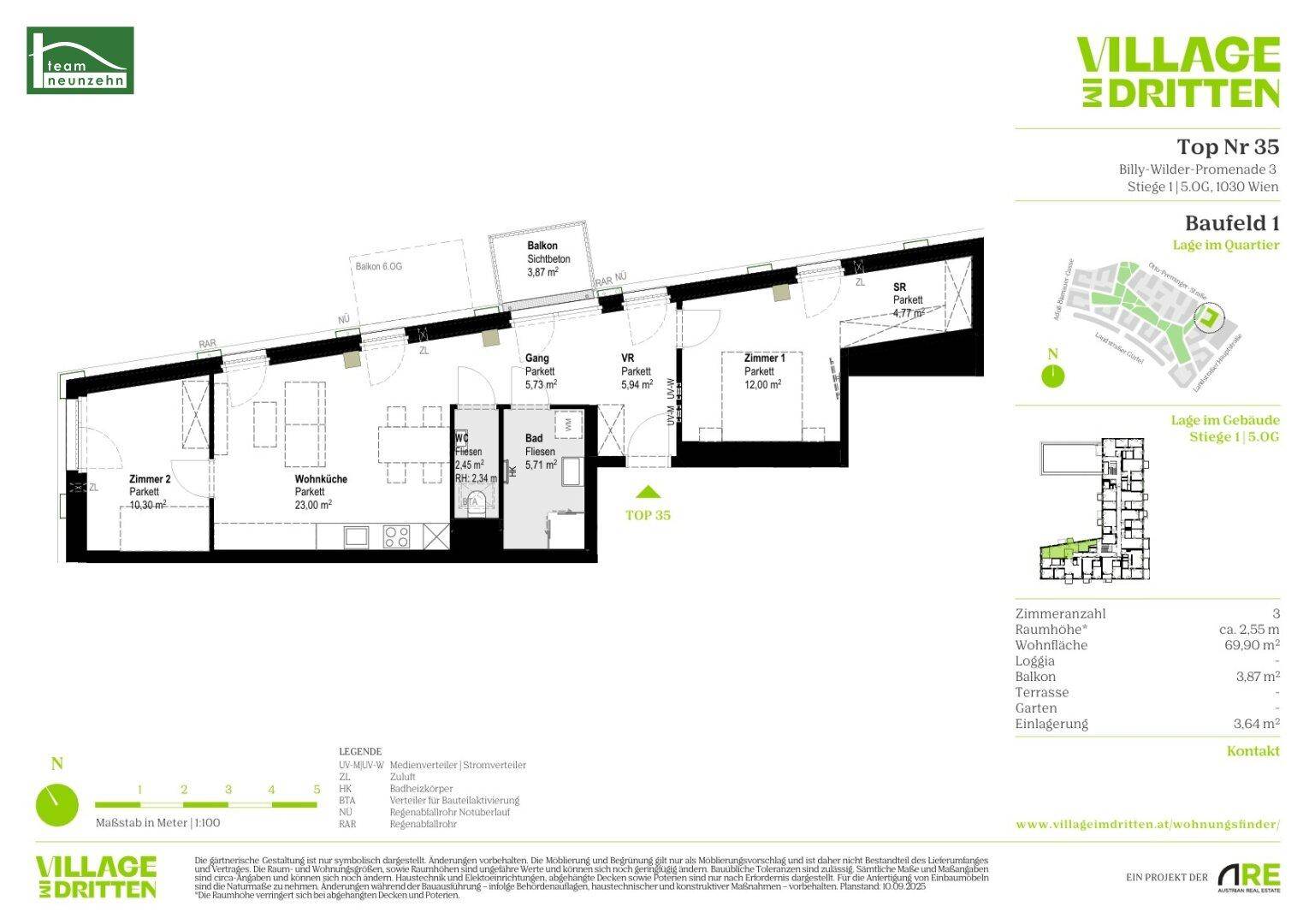 Grundriss einer Wohnung mit zwei Zimmern, Wohnküche, Bad und einem Balkon von 3,87 m².