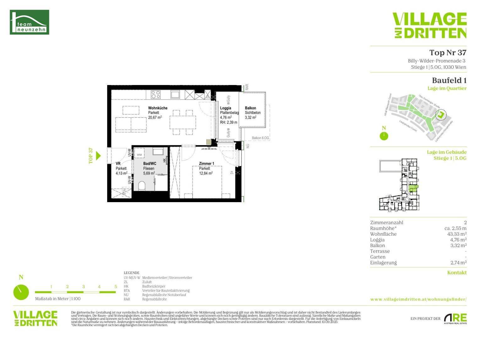 Detaillierter Grundriss der Wohnung Top Nr. 37 mit Loggia und Balkon.