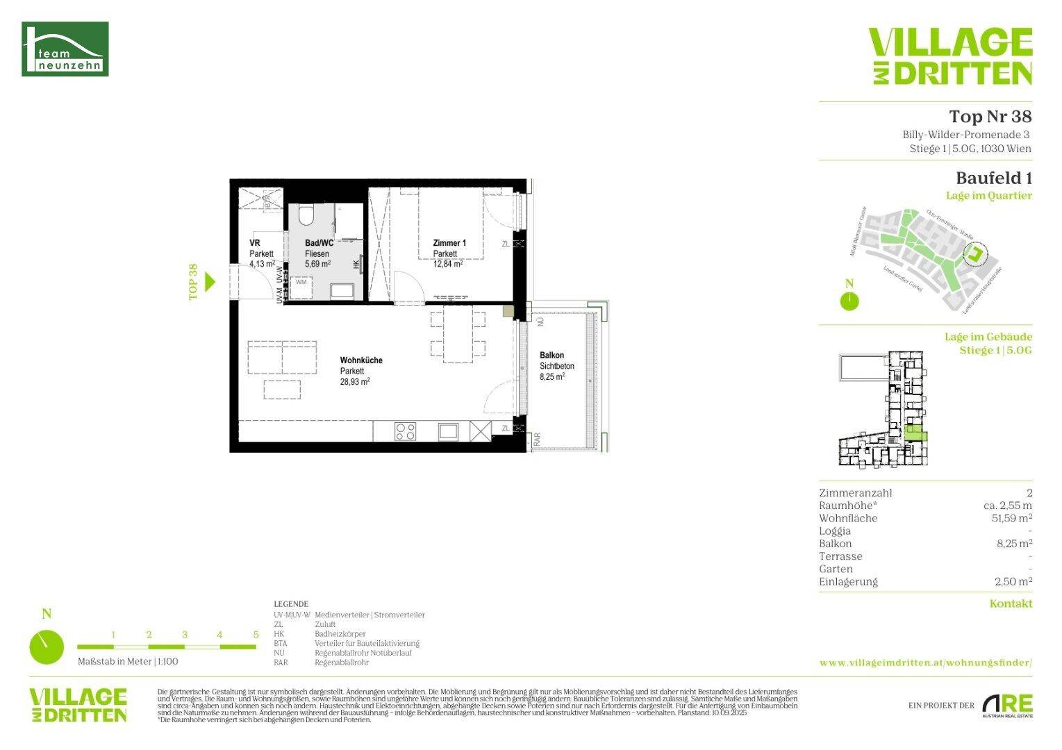 Detaillierter Grundriss der Wohnung Top Nr. 38 mit Wohnküche und Balkon.