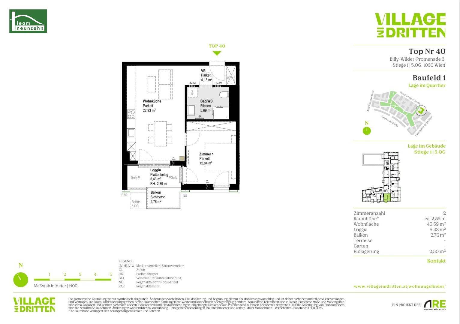 Grundriss der Wohnung Top Nr. 40 mit Loggia und Balkon, zeigt die Raumaufteilung.