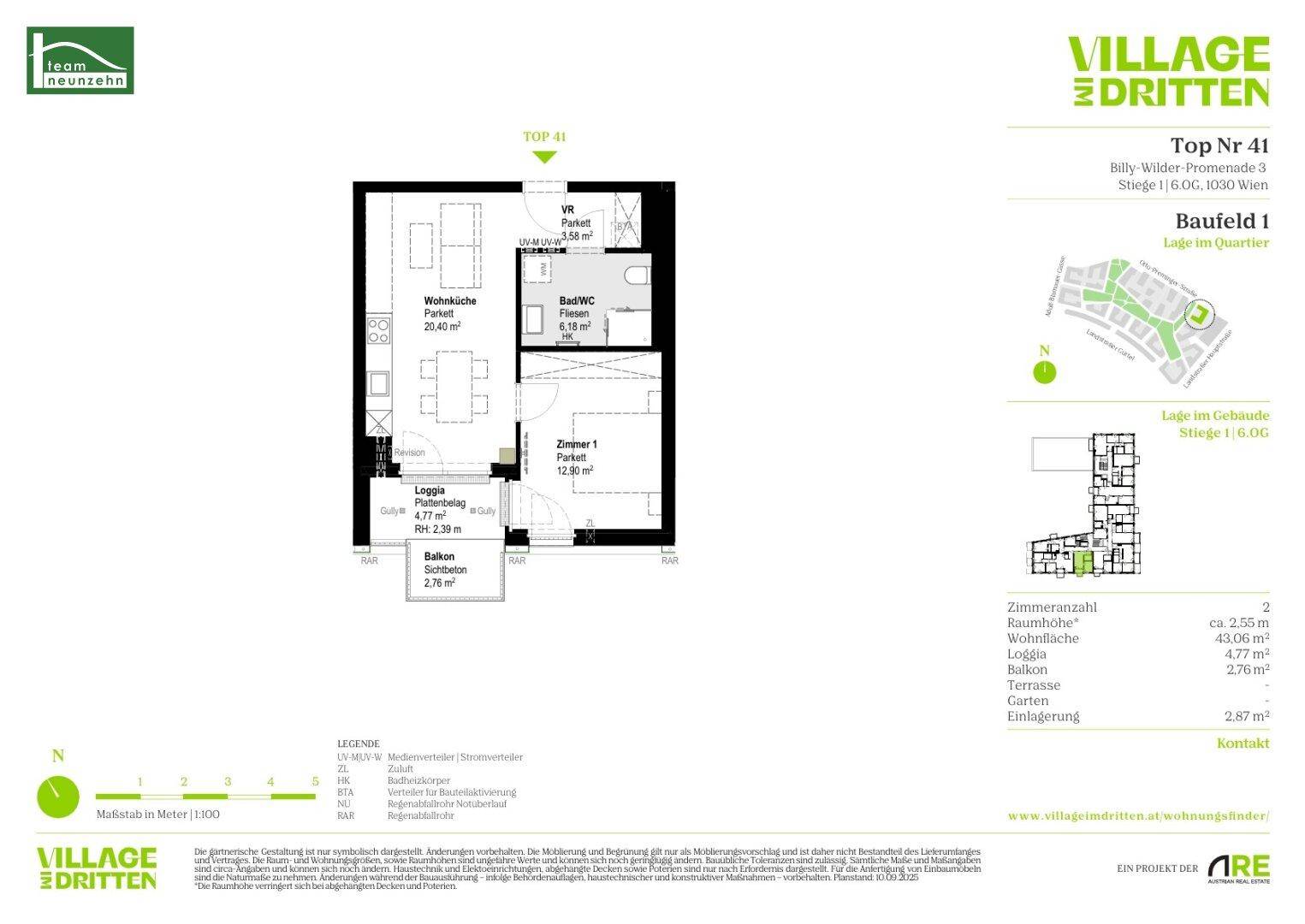 Grundriss einer Wohnung mit offener Wohnküche, einem Zimmer, Bad/WC, Loggia und Balkon.