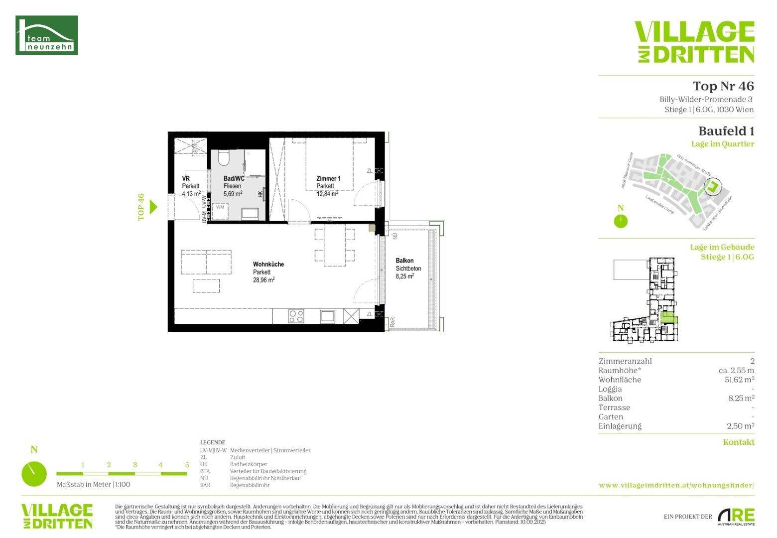 Grundriss einer Wohnung mit Wohnküche, Schlafzimmer, Bad, separatem WC und Balkon.