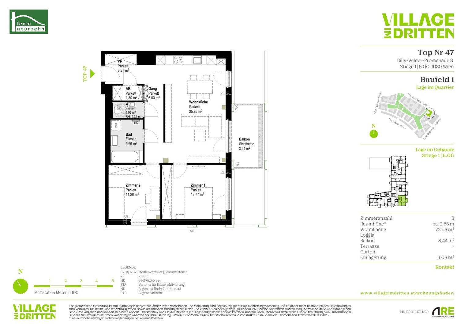 Detaillierter Grundriss der Wohnung Top 47 mit Zimmeraufteilung und Balkon.