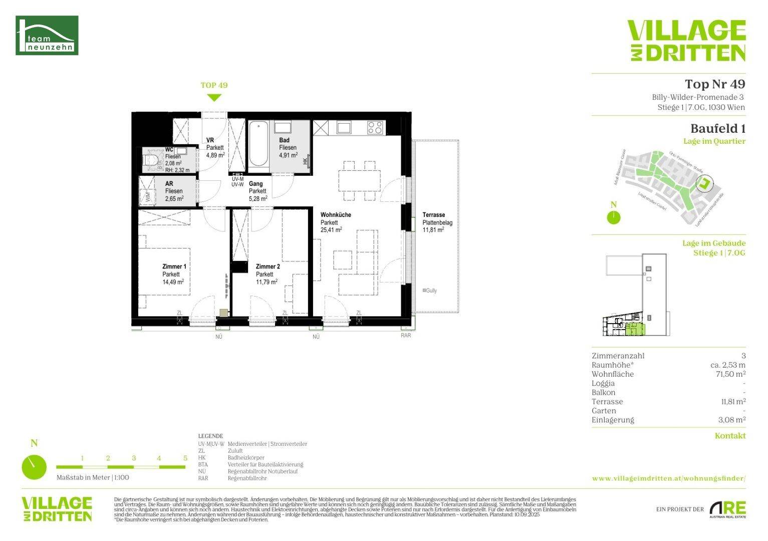 Detaillierter Grundriss einer Wohnung mit Wohnküche, zwei Zimmern und einer Terrasse.