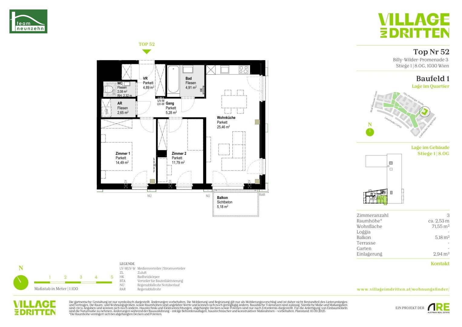Grundriss der Wohnung Top Nr. 52 mit zwei Zimmern, Bad, WC und Balkon.