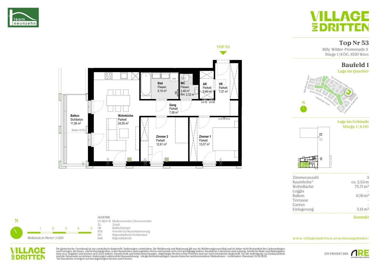 Detaillierter Grundriss einer Wohnung mit drei Zimmern, Balkon und separatem WC.