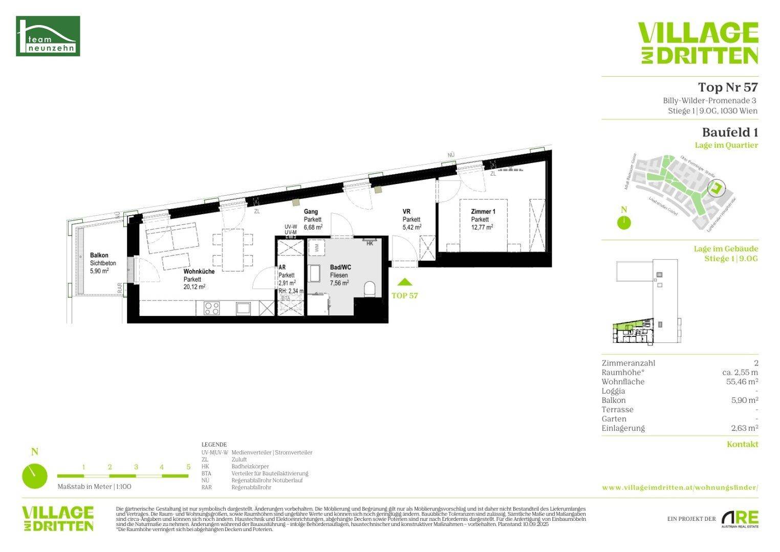 Grundriss der Wohnung Nummer 57 mit zwei Zimmern, Balkon und Bad/WC.