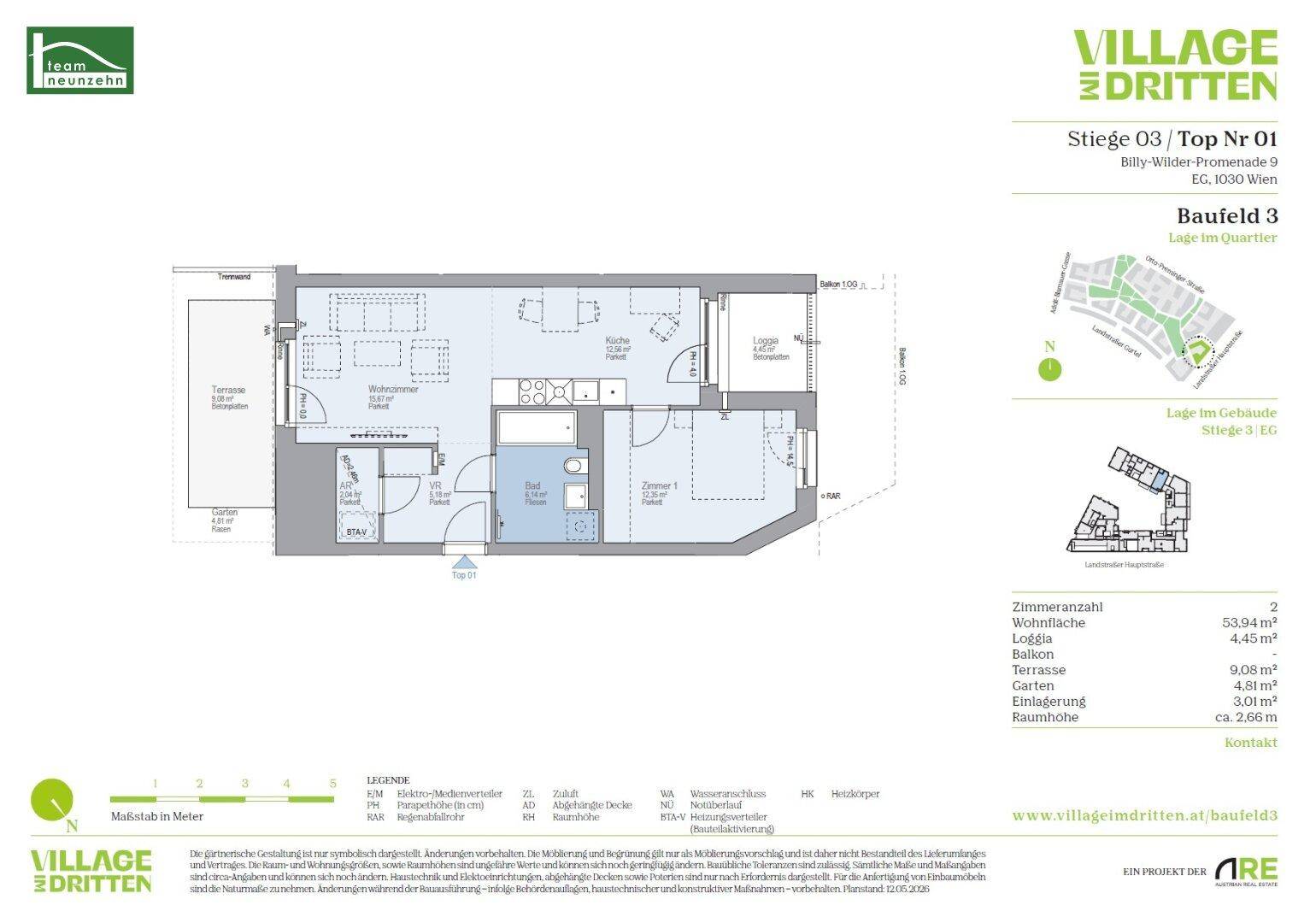 Detaillierter Grundriss einer Wohnung mit zwei Zimmern, Loggia und Gartenanteil.
