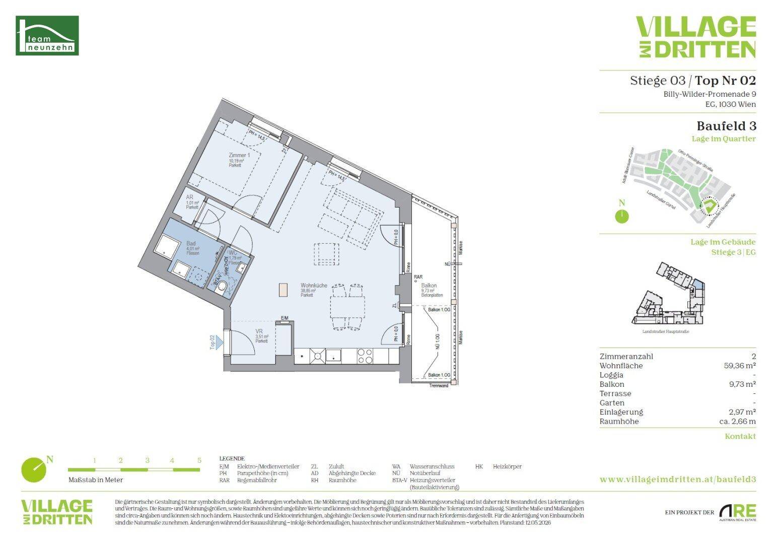 Grundriss einer Wohnung mit zwei Zimmern, Loggia und offenem Wohnbereich.