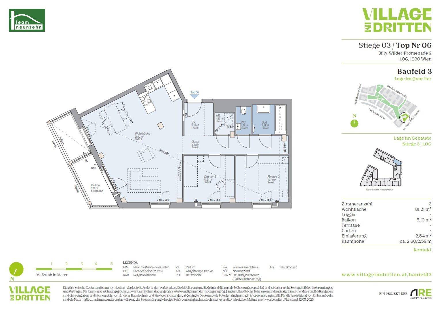 Detaillierter Grundriss einer Wohnung mit Wohnfläche, Loggia und Gartenanteil.