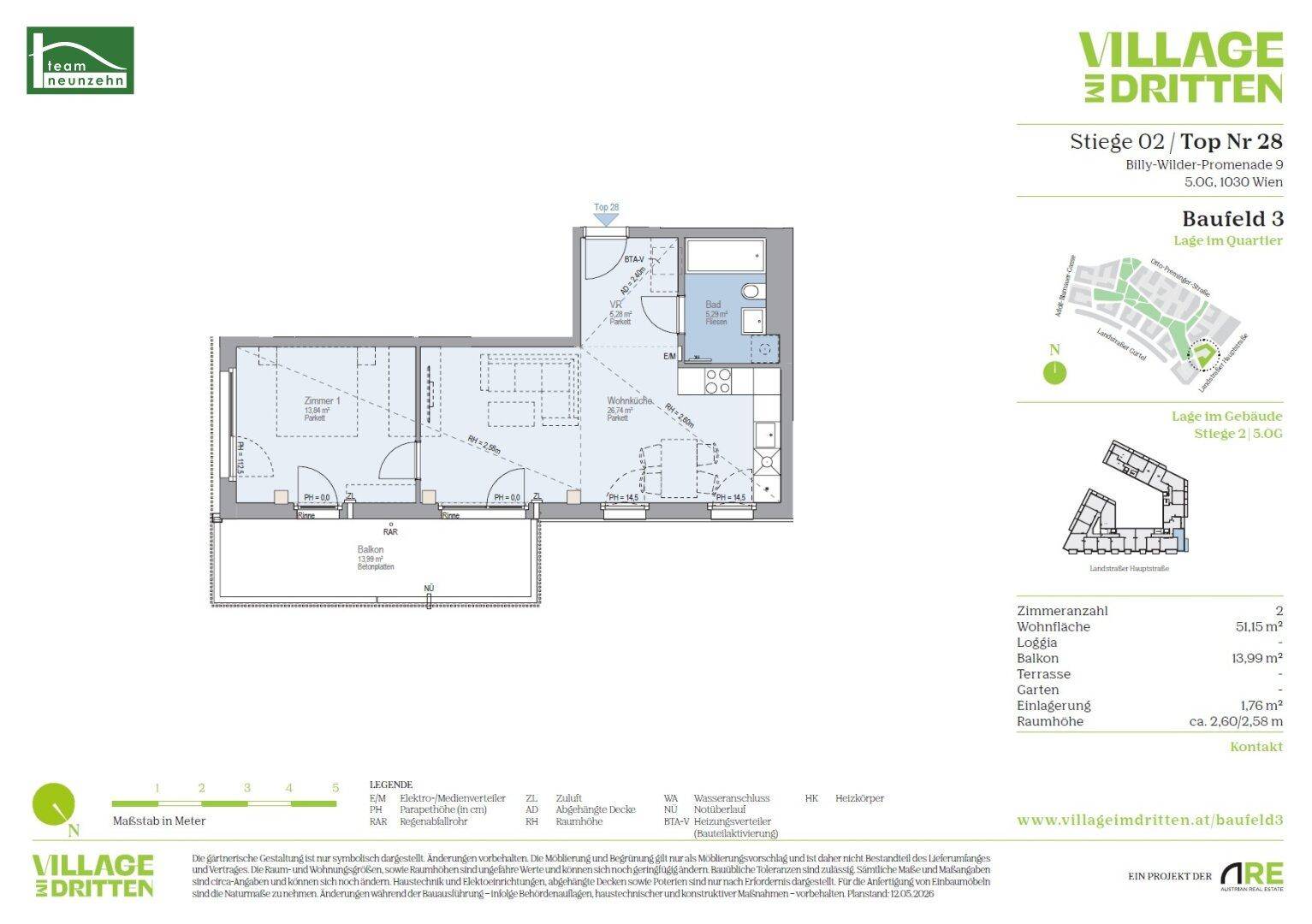 Grundriss einer Wohnung mit zwei Schlafzimmern, einem Bad und einem Balkon von 13,90 m².