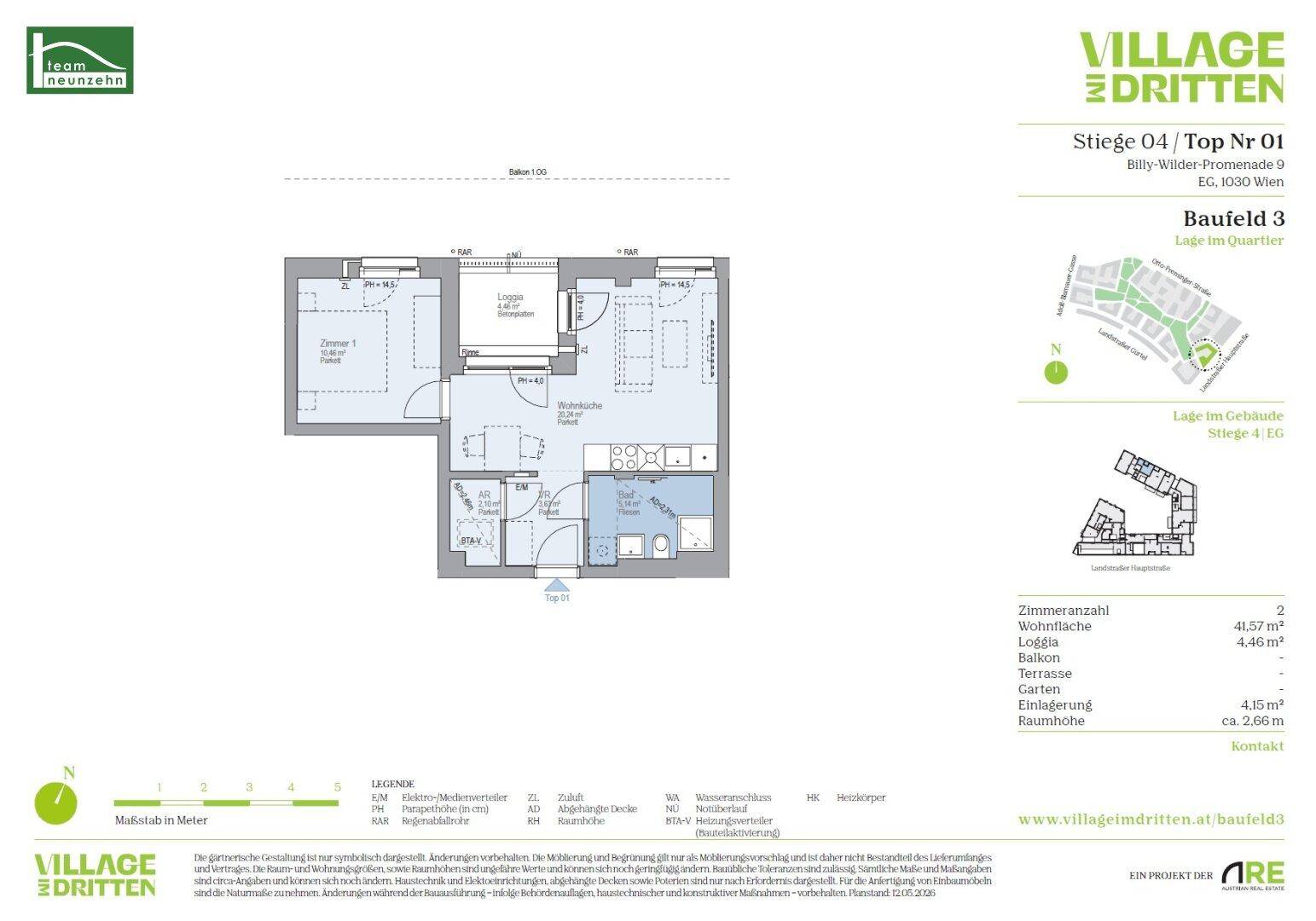 Detaillierter Grundriss einer Wohnung mit zwei Schlafzimmern, Loggia und offener Küche.