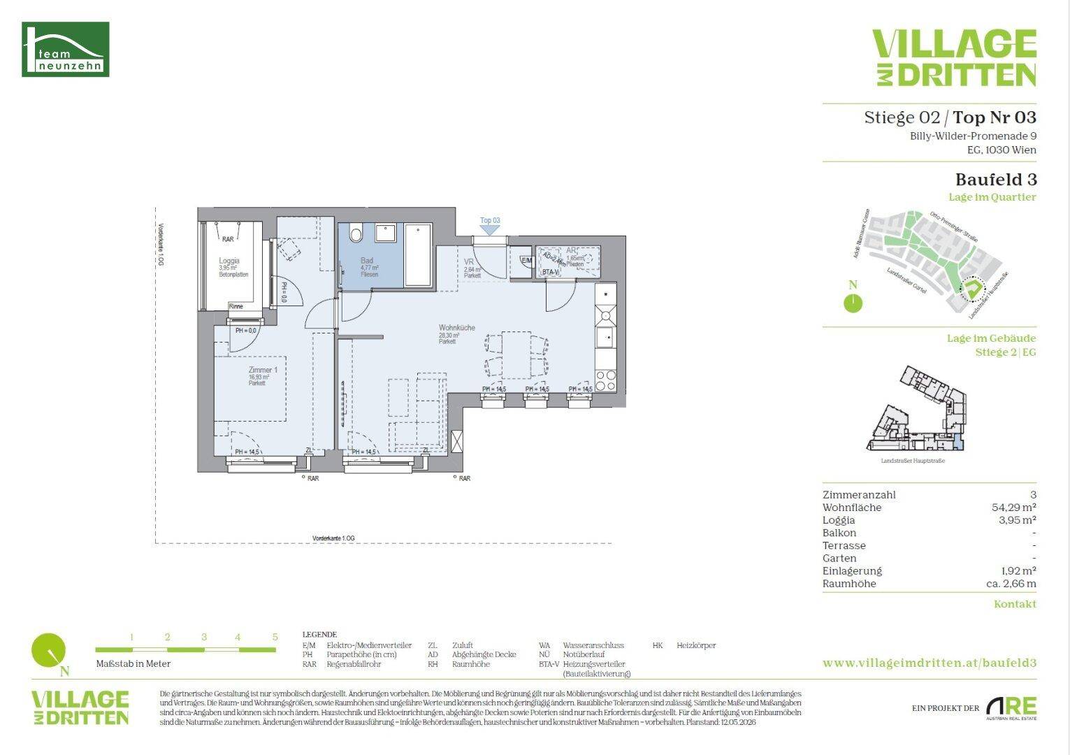 Grundriss einer Wohnung mit zwei Schlafzimmern, offenem Wohnbereich und Loggia.