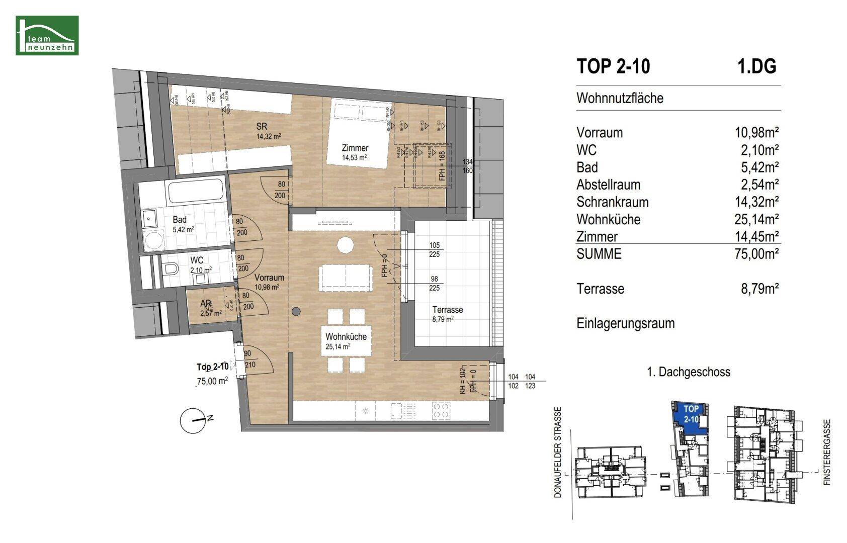 Grundriss der Wohnung TOP 2-10 im 1. Dachgeschoss mit Wohnküche und Terrasse.