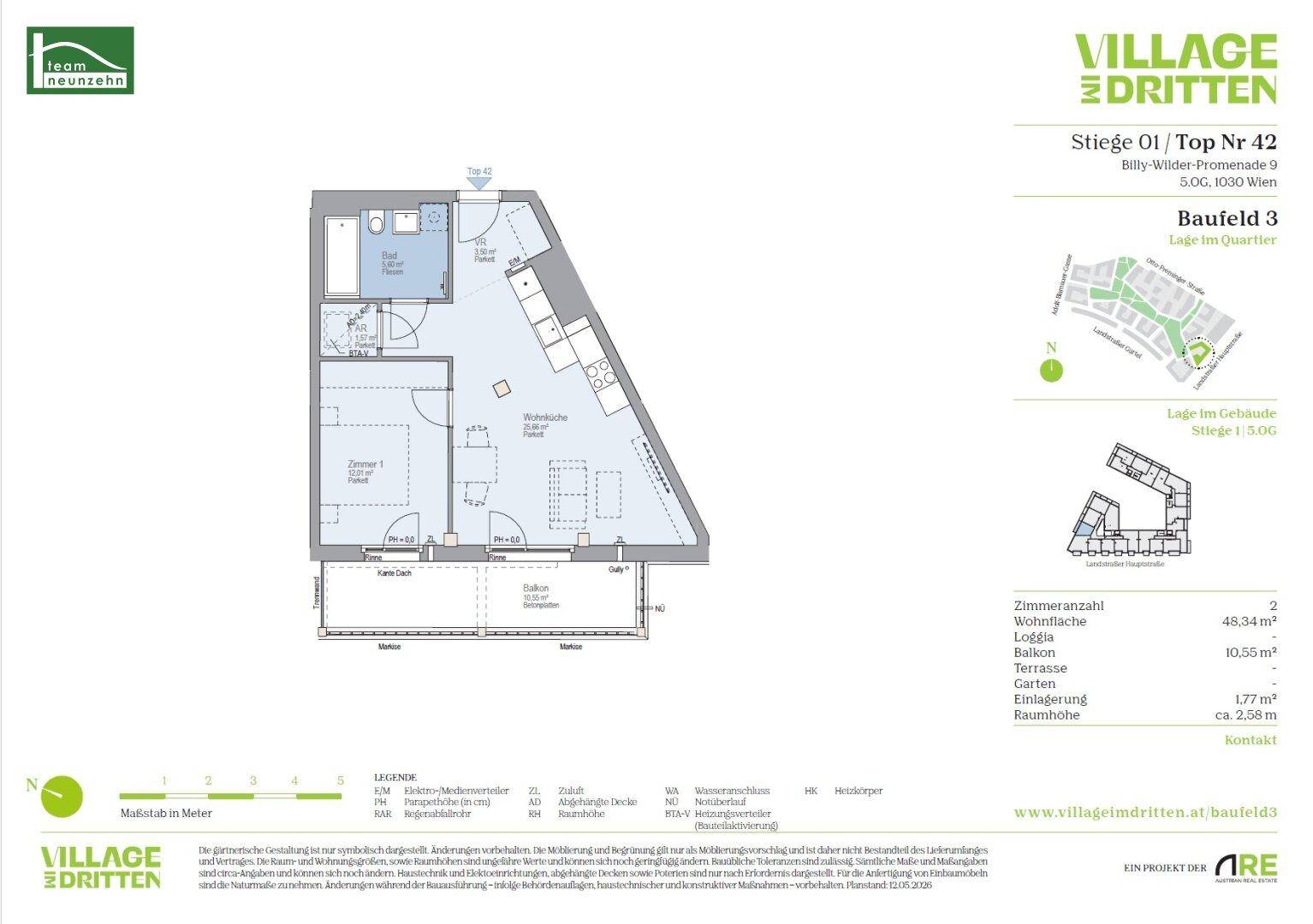 Detaillierter Grundriss einer Wohnung mit Wohnküche, Schlafzimmer und Balkon.