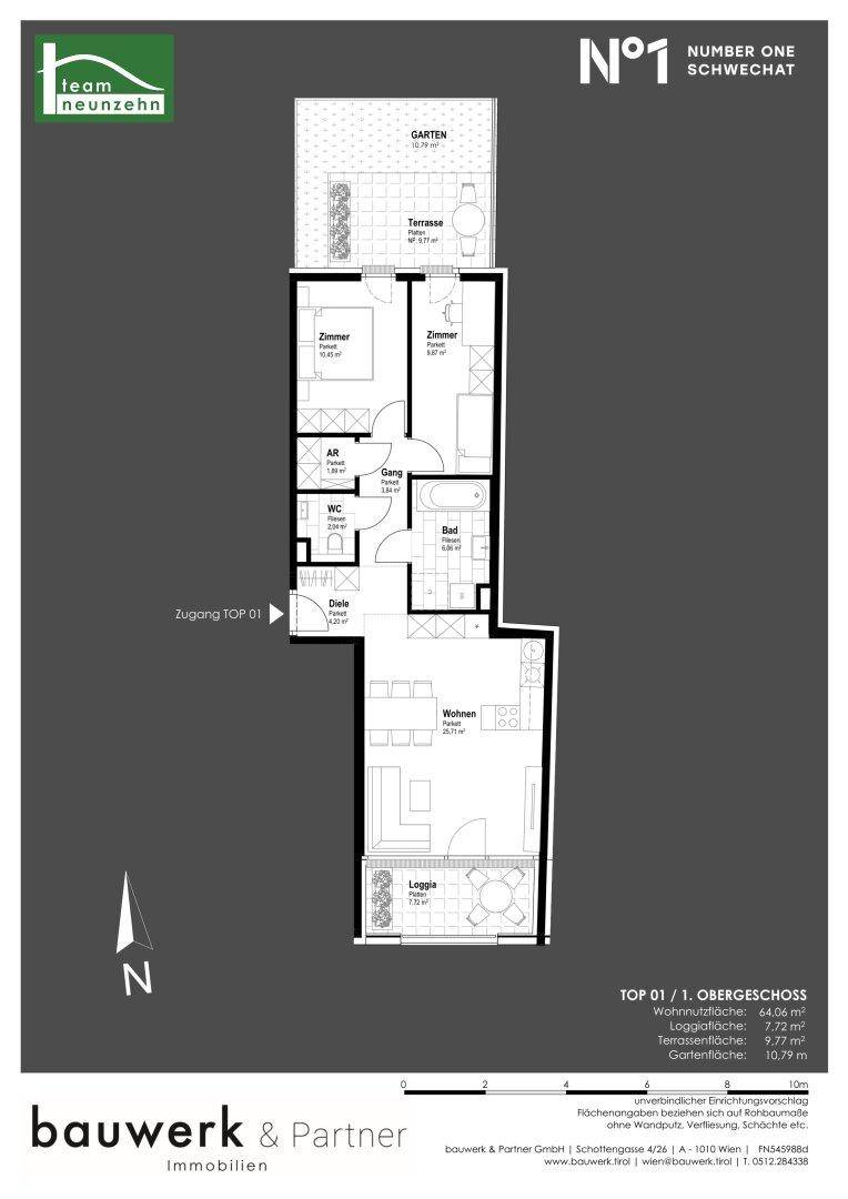 Grundriss einer Wohnung mit Loggia, Terrasse und Garten im ersten Obergeschoss.