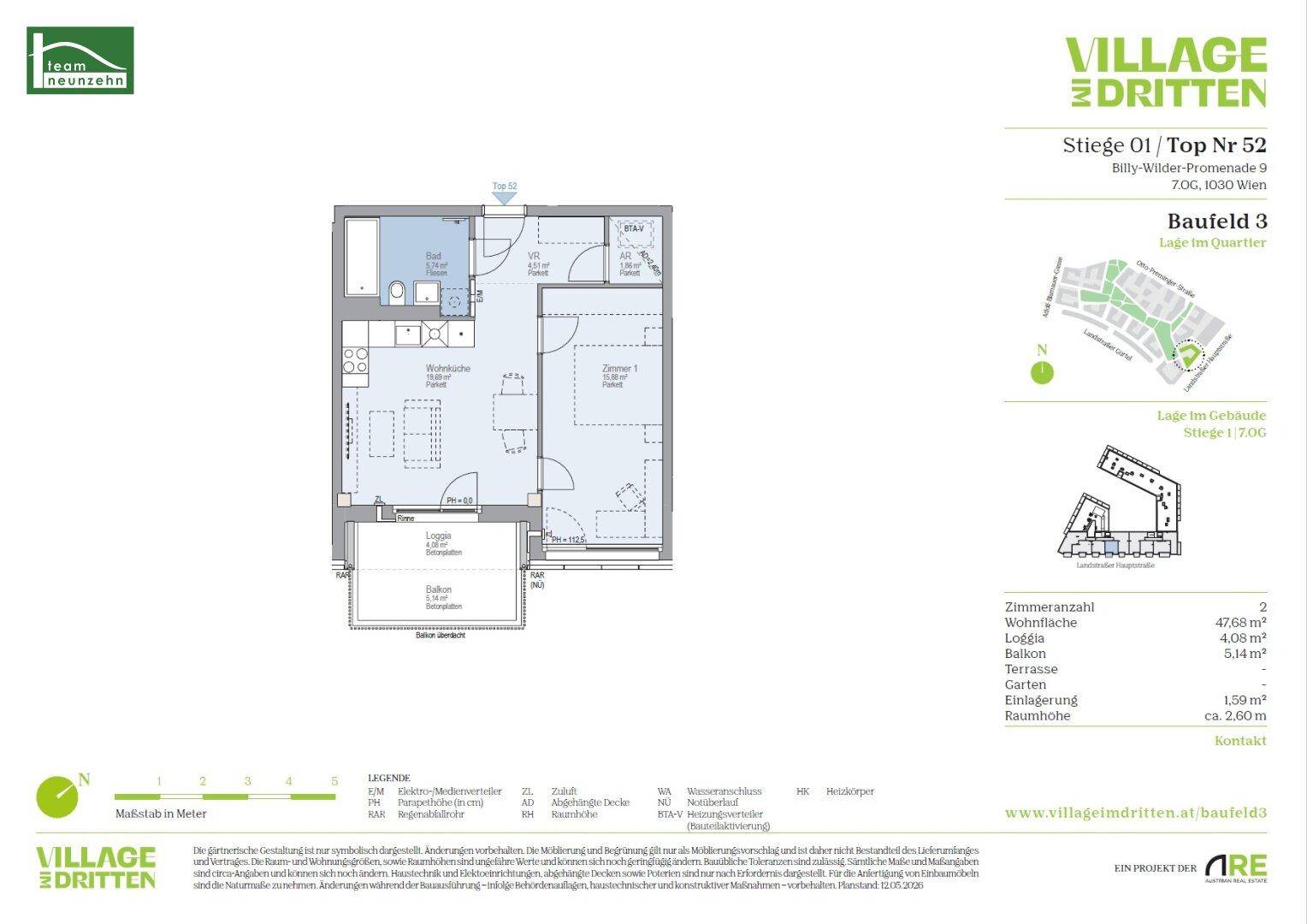 Detaillierter Grundriss einer Wohnung mit Loggia, Schlafzimmer und offenem Wohnbereich.