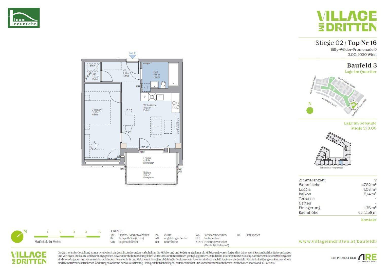 Grundriss einer Wohnung mit zwei Zimmern, Balkon und separatem Bad, Gesamtfläche 47,52 m².