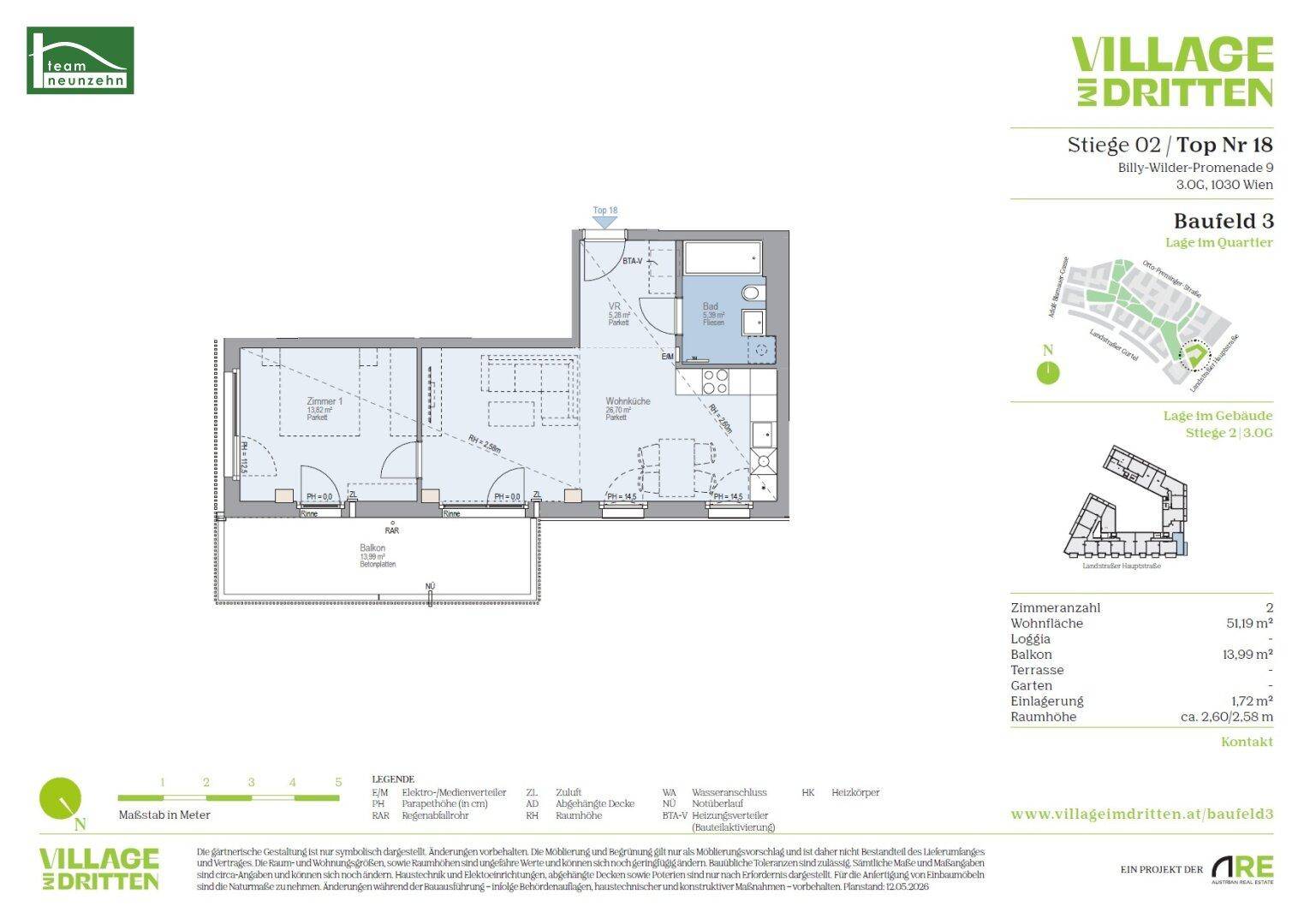 Detaillierter Grundriss einer Wohnung mit Balkon, Schlafzimmern und offenem Wohnbereich.