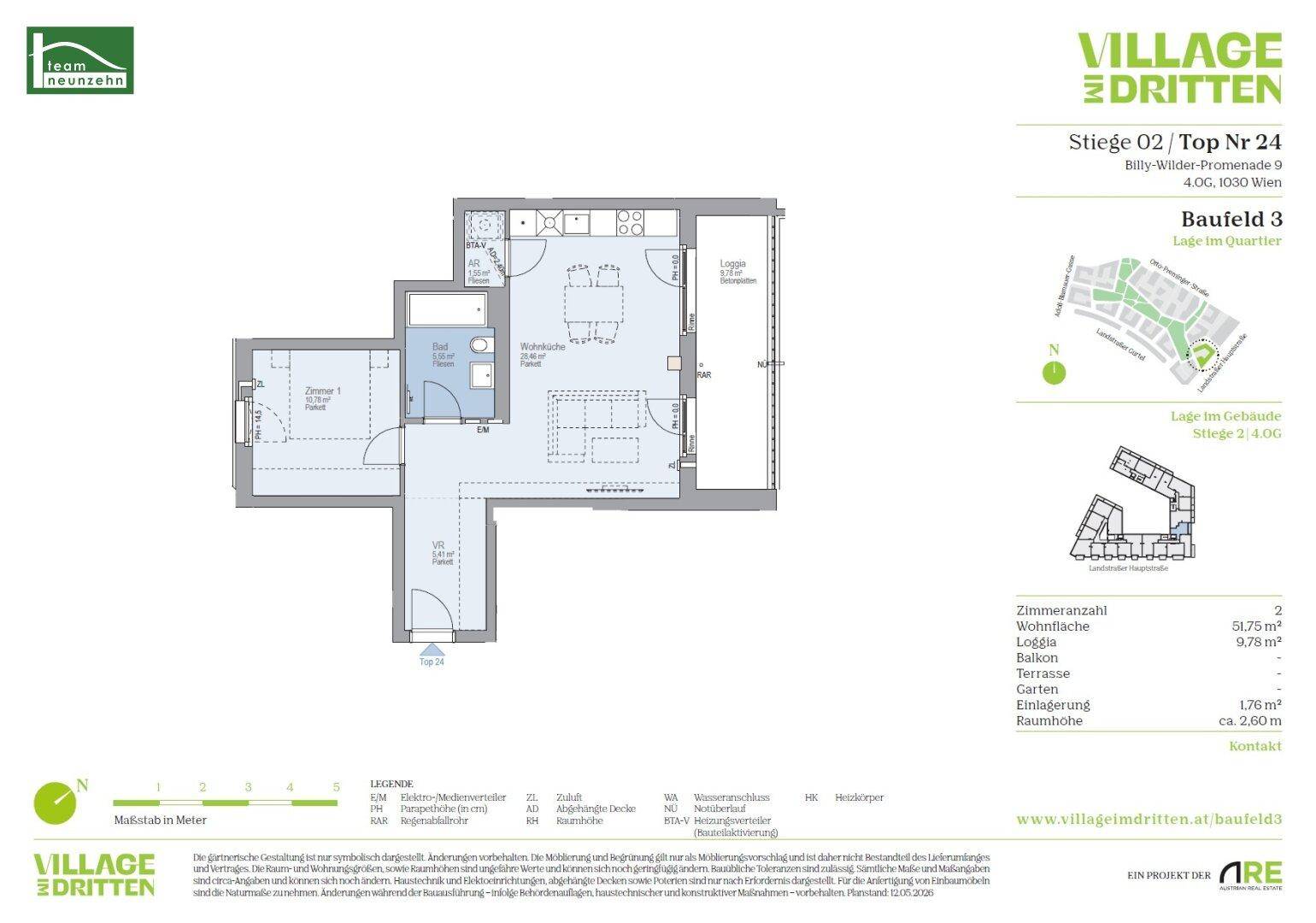 Detaillierter Grundriss einer Wohnung mit Loggia, Bad und offener Küche.