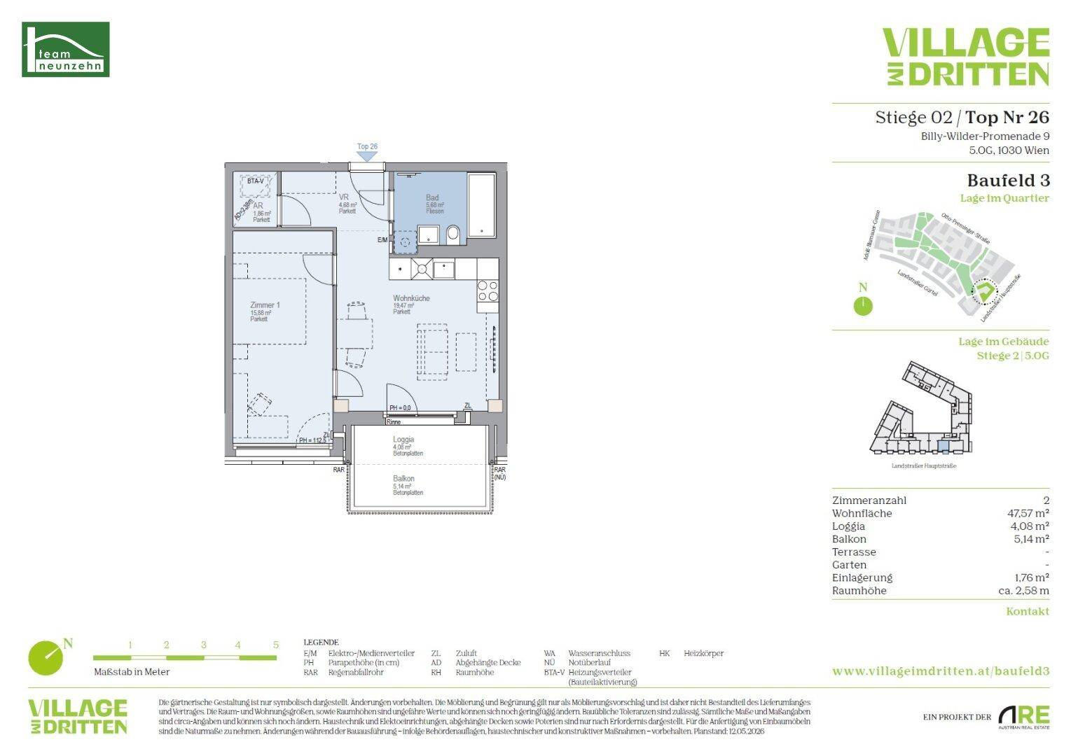 Grundriss einer Wohnung mit einem Schlafzimmer, Loggia und Badezimmer.