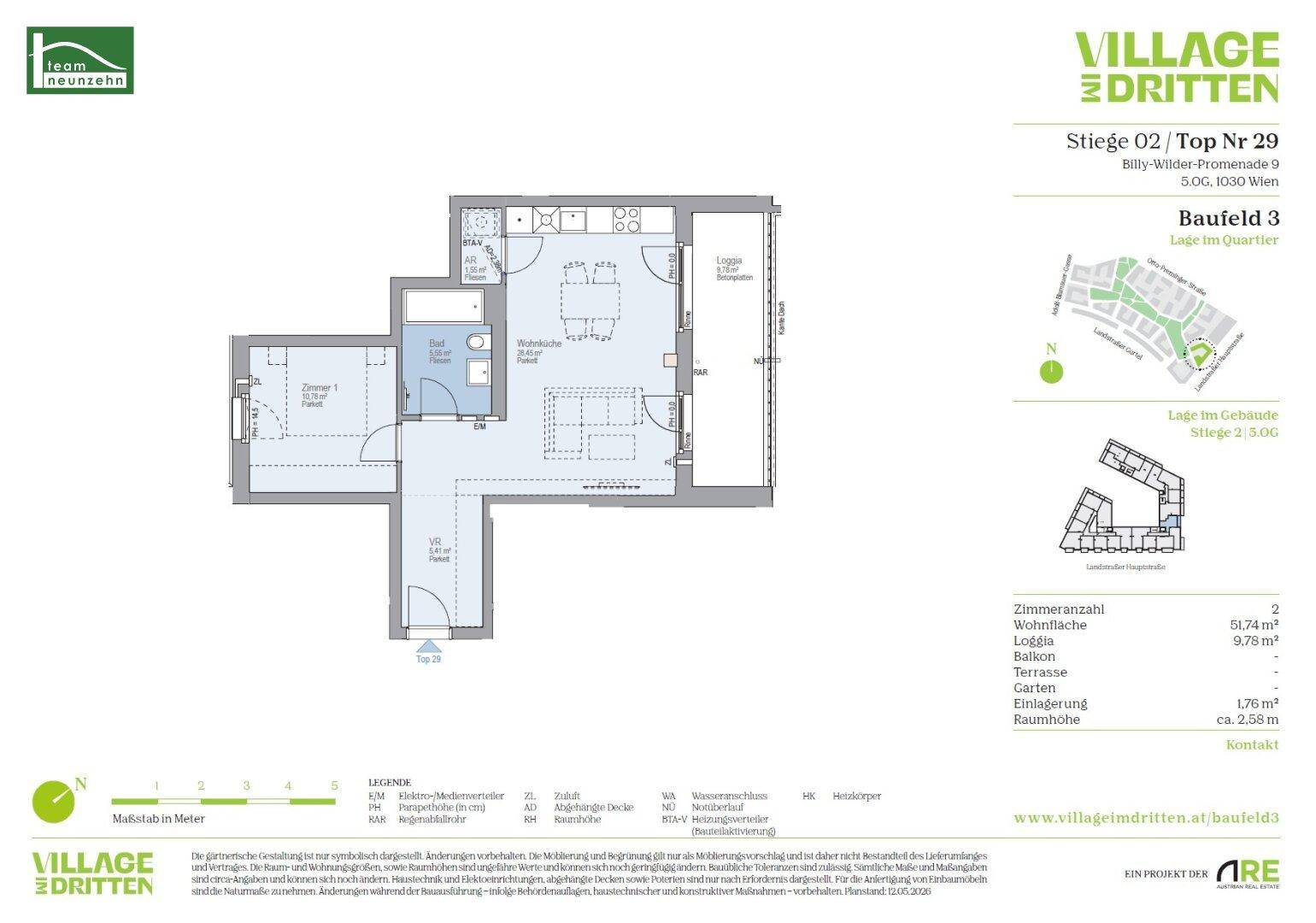 Grundriss einer Wohnung mit zwei Zimmern, Loggia und Balkon.