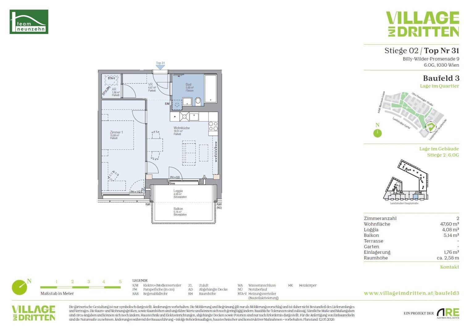 Grundriss einer Wohnung mit Loggia, Schlafzimmer, Bad und offenem Wohnbereich.