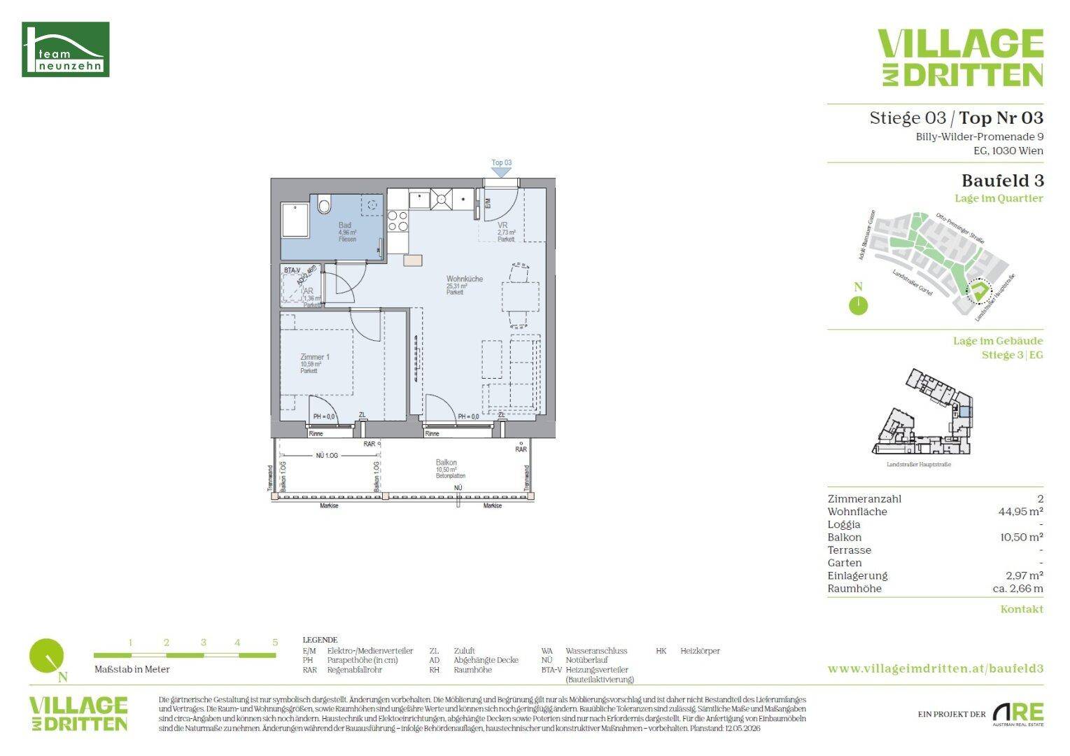 Detaillierter Grundriss einer Wohnung mit Wohnbereich, Schlafzimmer, Bad und Loggia.