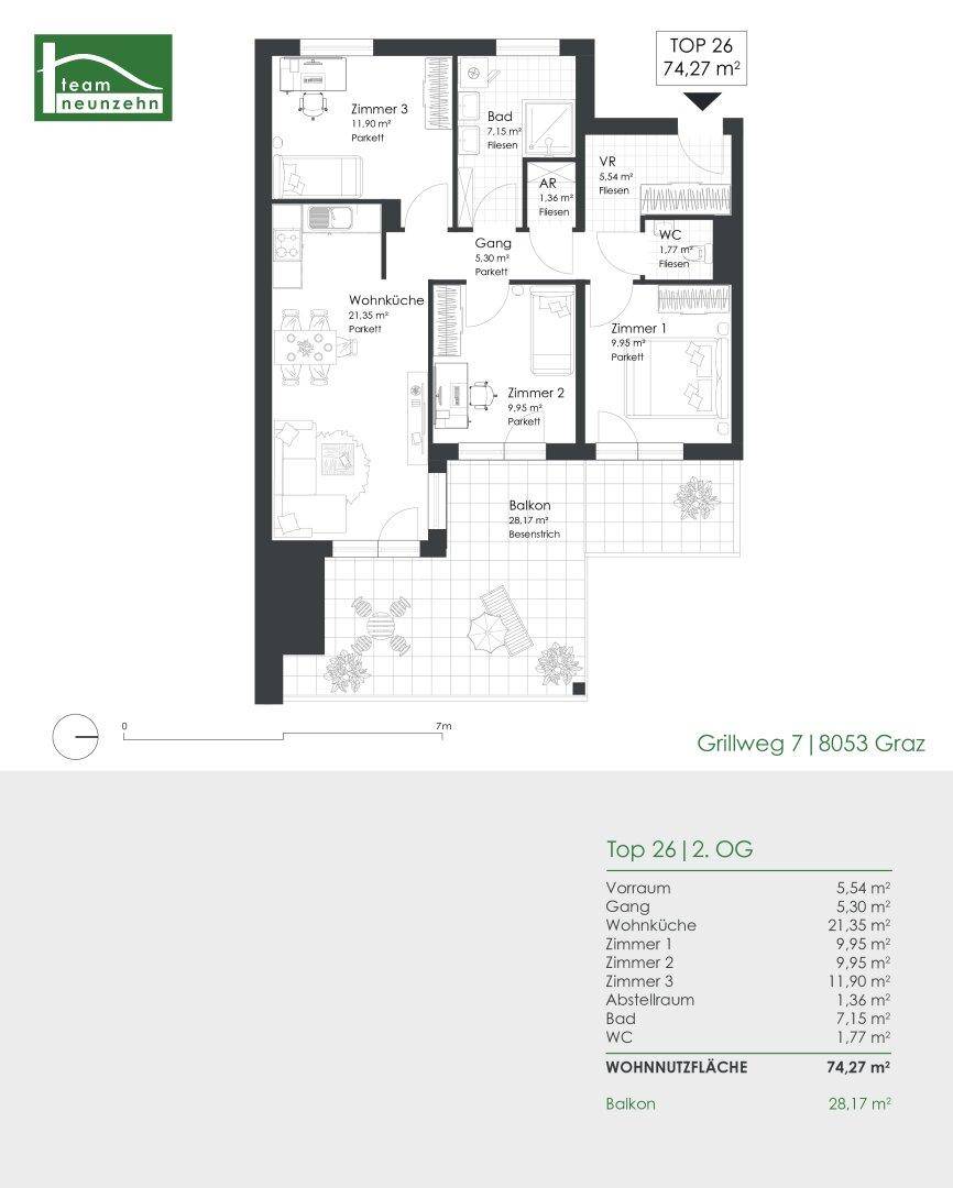 Detaillierter Grundriss der Wohnung Top 26 mit 74,27 m² Wohnnutzfläche und Balkon.