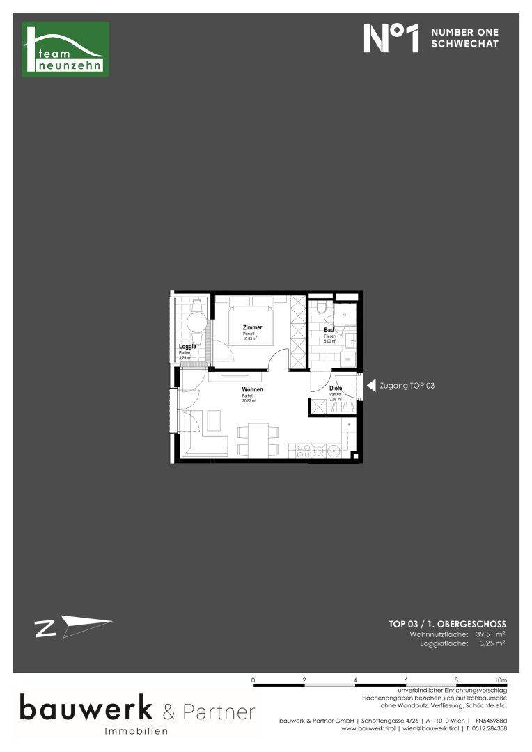 Grundriss einer Wohnung mit Wohnzimmer, Schlafzimmer, Bad und separatem WC.