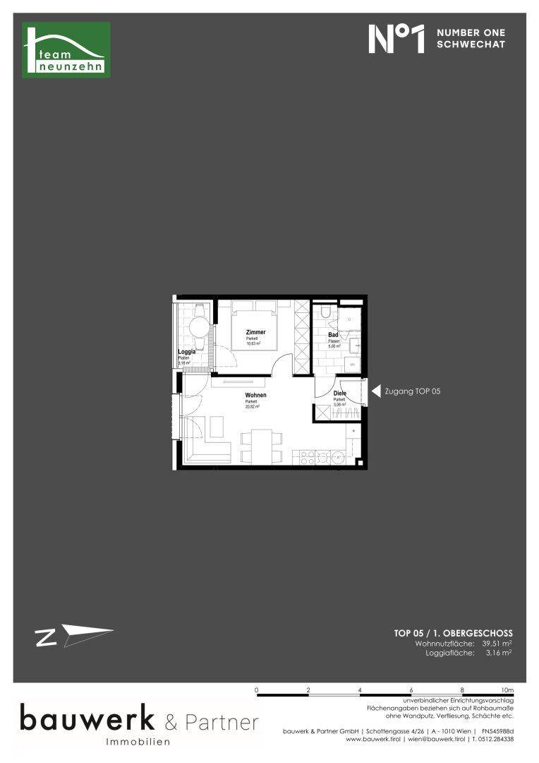Grundriss einer Wohnung im Obergeschoss mit Loggia und separatem Schlafzimmer.