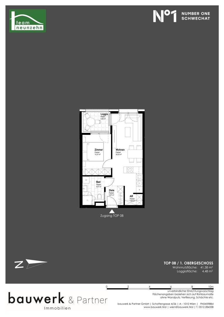 Grundriss einer Wohnung im ersten Obergeschoss mit Loggia und 41,38 m² Wohnfläche.
